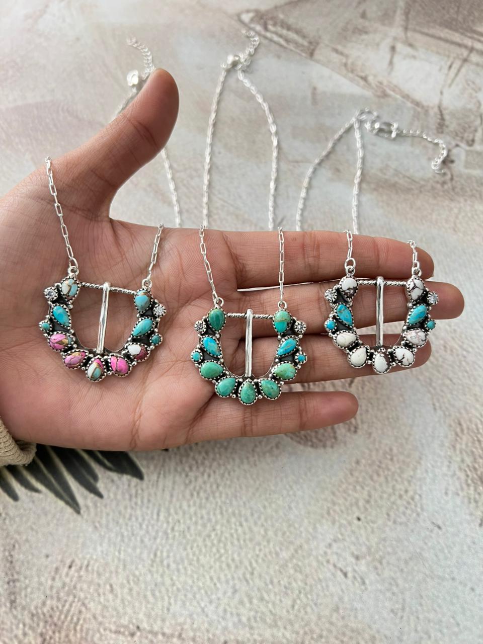 Handmade Sterling Silver Multi Stone Buckle Necklace "Signed Nizhoni"