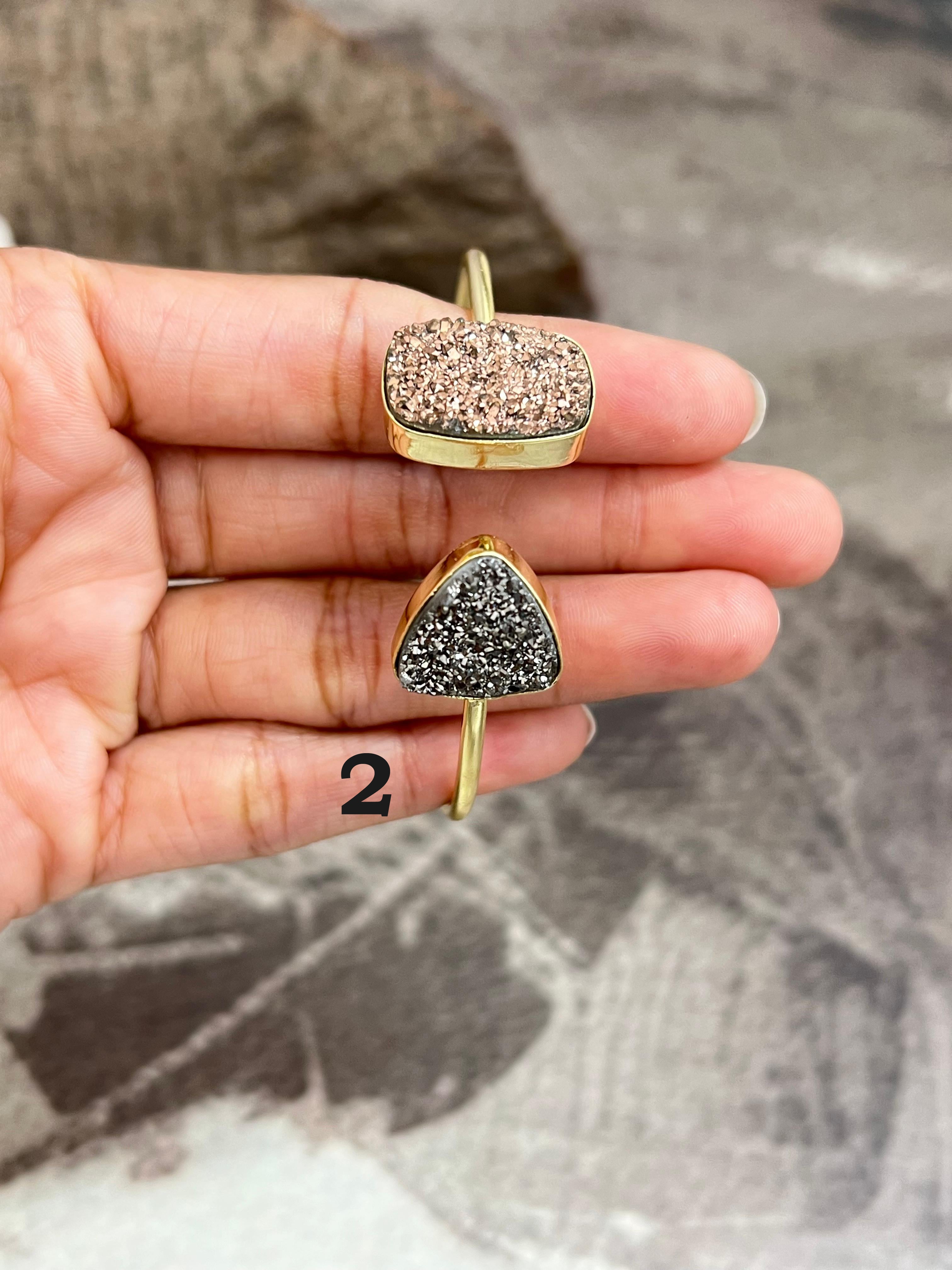 “The Boho Collection” Handmade Natural Gold Plated 2 Stone Druzy Cuff Bracelet