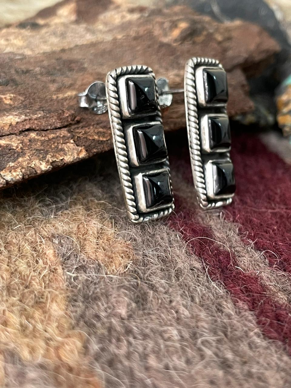 Handmade Sterling Silver Black Onyx Post Studs Earrings "Signed Nizhoni"