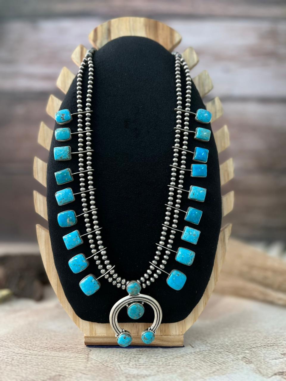 Handmade Sterling Silver Blue Bird with Arizona Blue Turquoise Beaded Necklace "Signed Nizhoni"