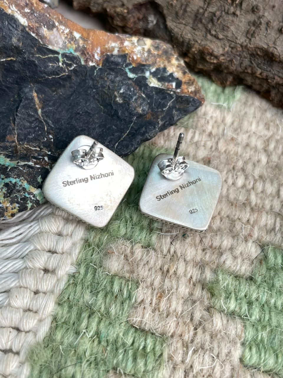 Handmade Sterling Silver Kingman Turquoise Post Studs Earrings "Signed Nizhoni"