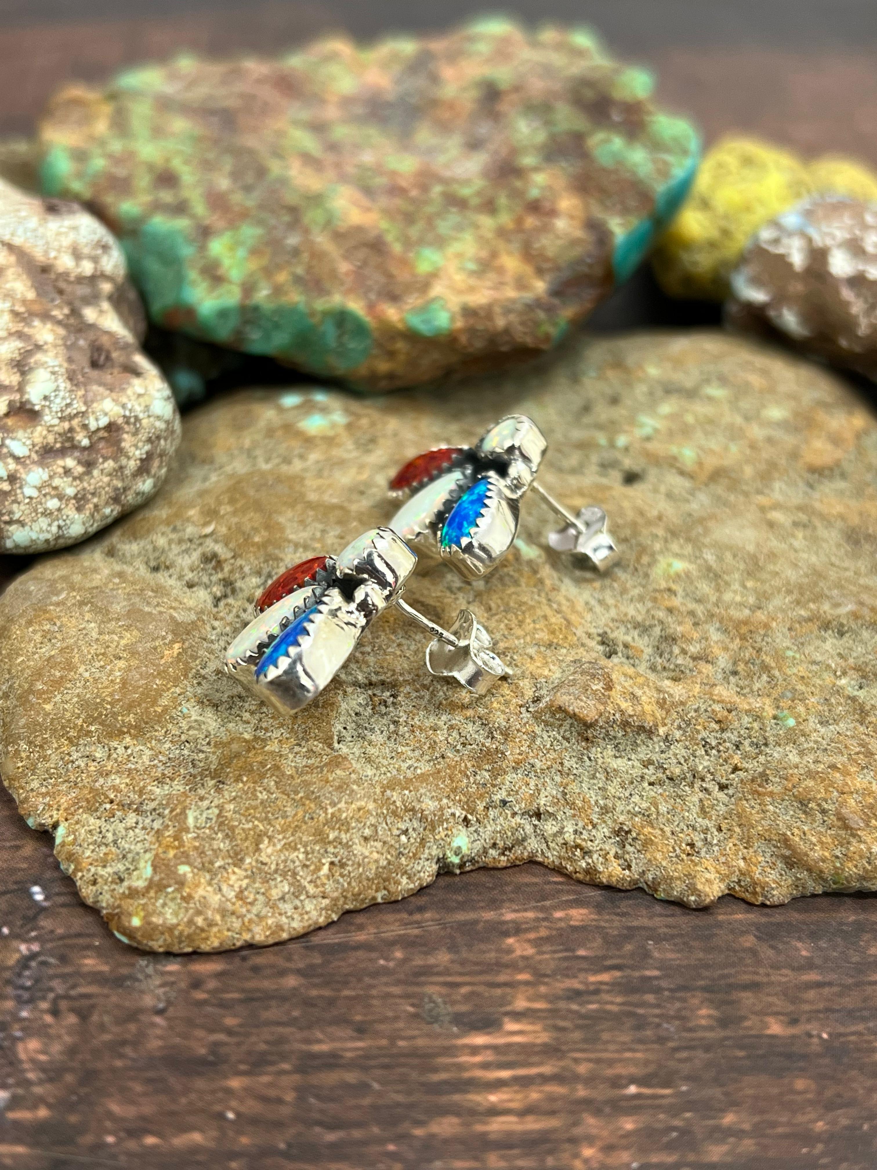 ** 4TH OF JULY ** Handmade Sterling Silver Synthetic Opal Post Earrings with Signed Nizhoni