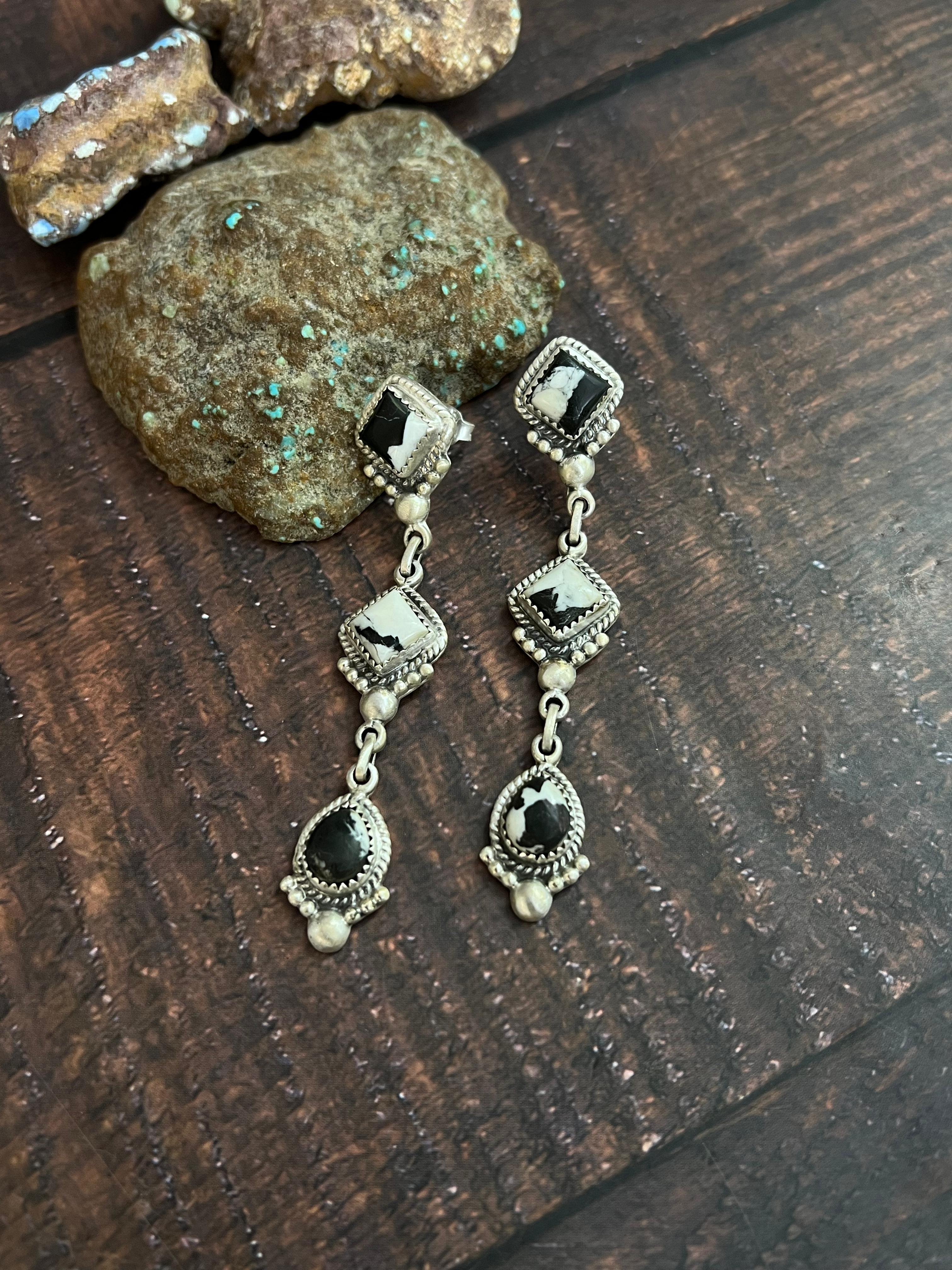 Handmade Sterling Silver White Buffalo Post Dangle Earrings with Signed Nizhoni