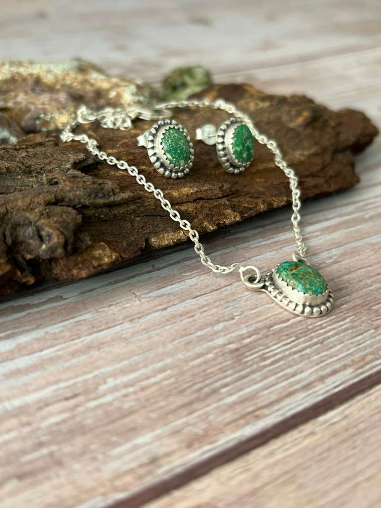 Handmade Sterling Silver Emerald Valley Turquoise Necklace Earrings Set with Signed Nizhoni (2)