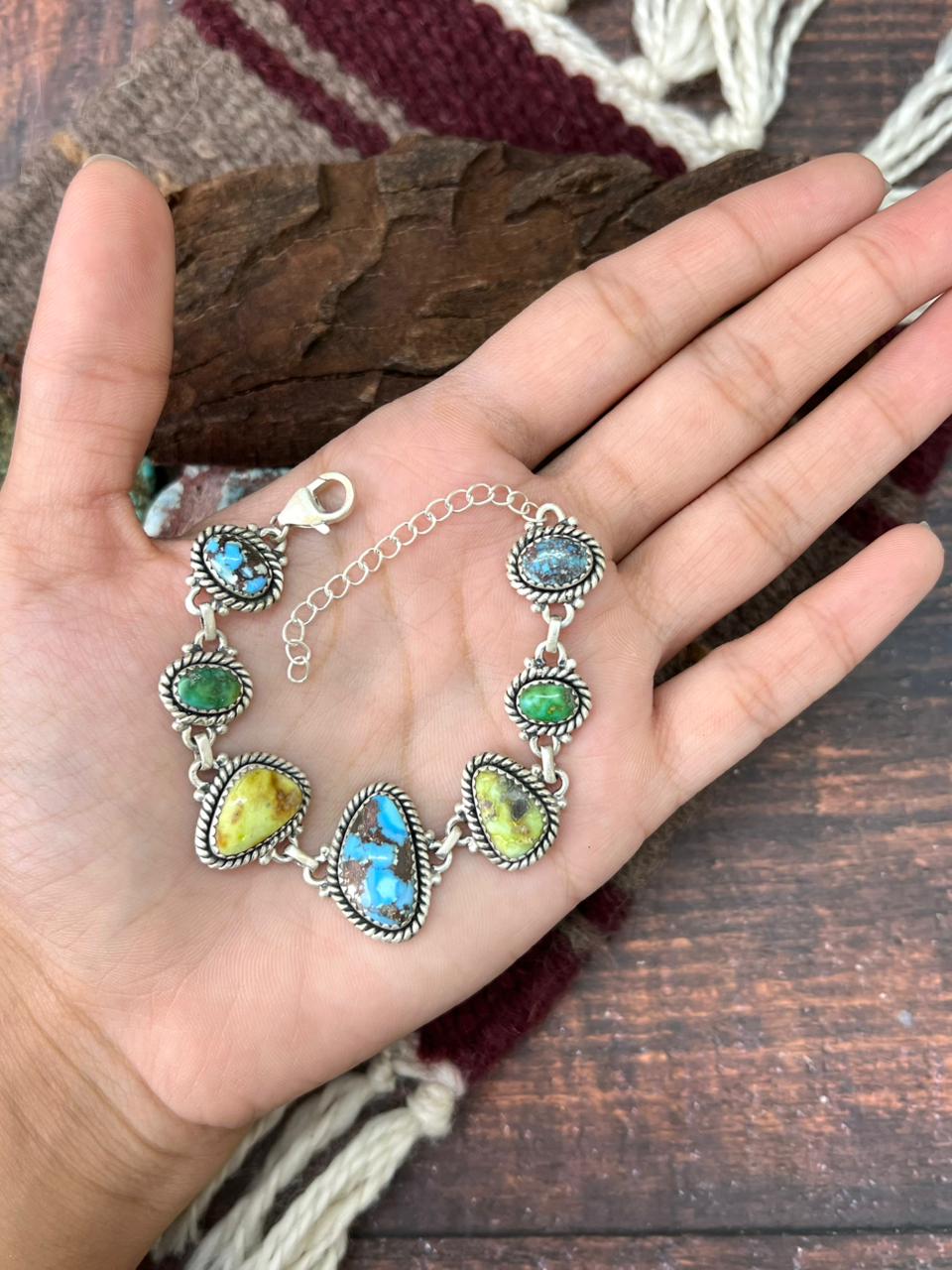 Handmade Sterling Silver Palomino with Golden Hills and Sonoran Turquoise Chain Bracelet "Signed Nizhoni"