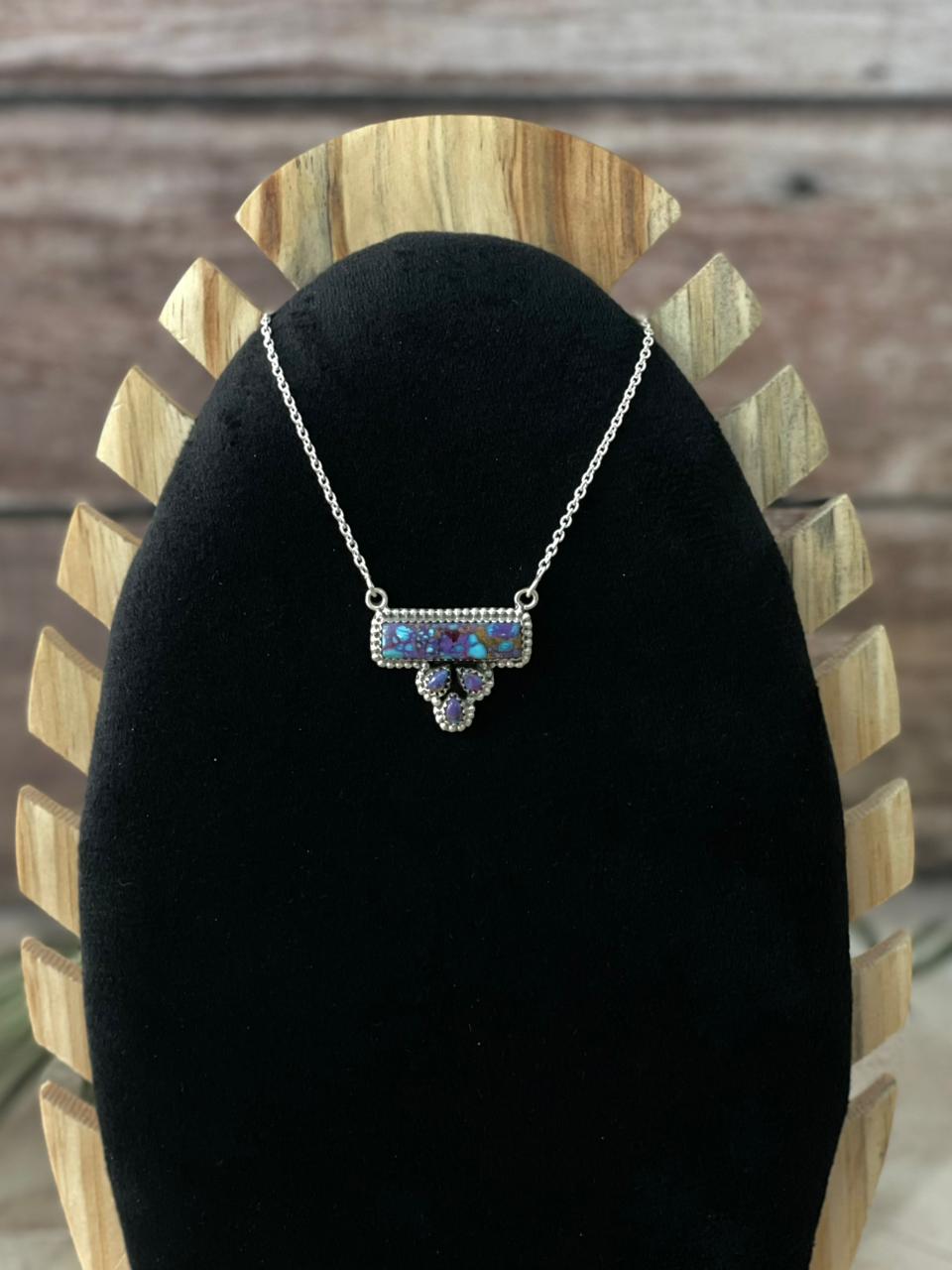 Handmade Sterling Silver Purple Blue Turquoise Necklace "Signed Nizhoni"