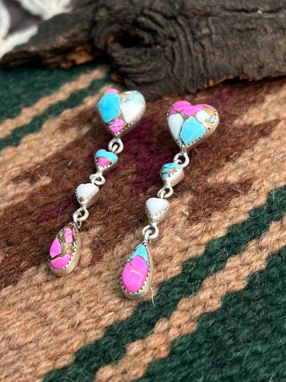 "Heart Collection" Handmade Sterling Silver Cotton Candy Post Dangle Earrings "Signed Nizhoni"