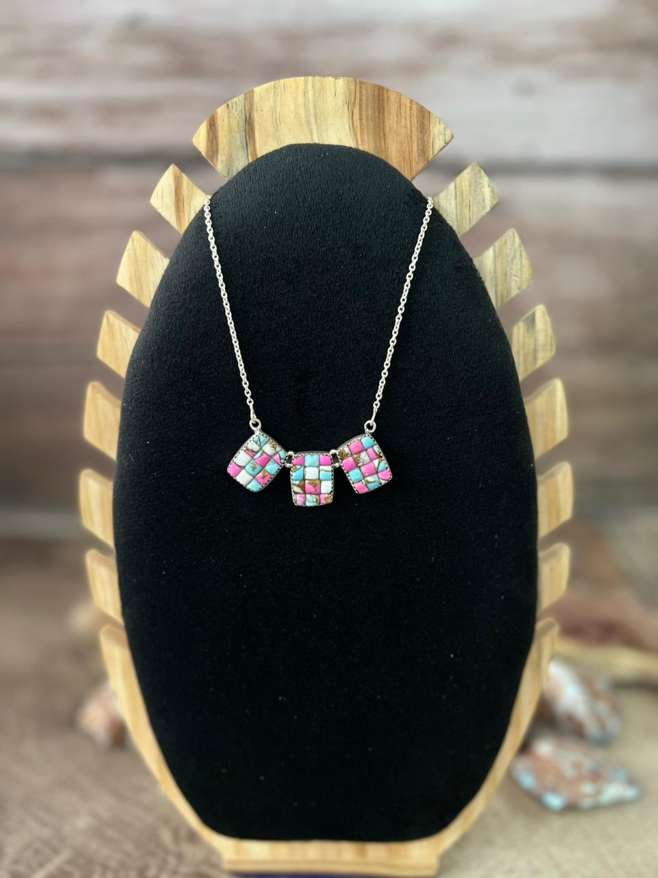 Handmade Sterling Silver Cotton Candy Cobble Stone Necklace "Signed Nizhoni"