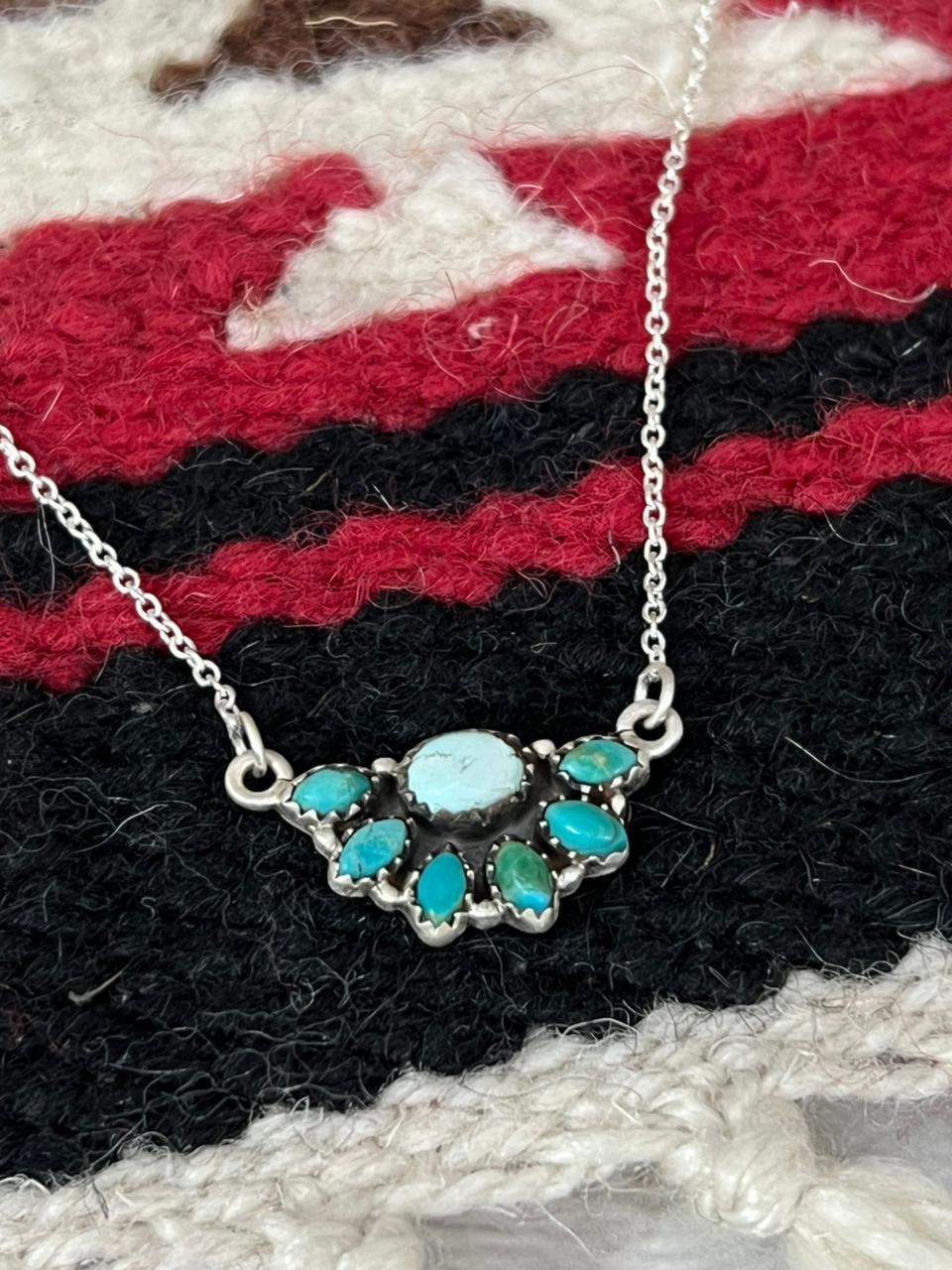 Handmade Sterling Silver Kingman with Golden Hills Turquoise Necklace "Signed Nizhoni"