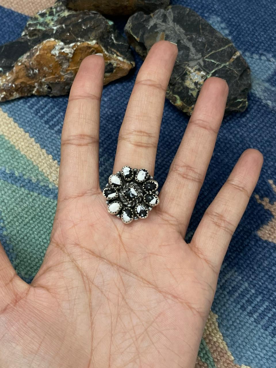 Handmade Sterling Silver White Buffalo Turquoise Adjustable Ring " Signed Nizhoni"