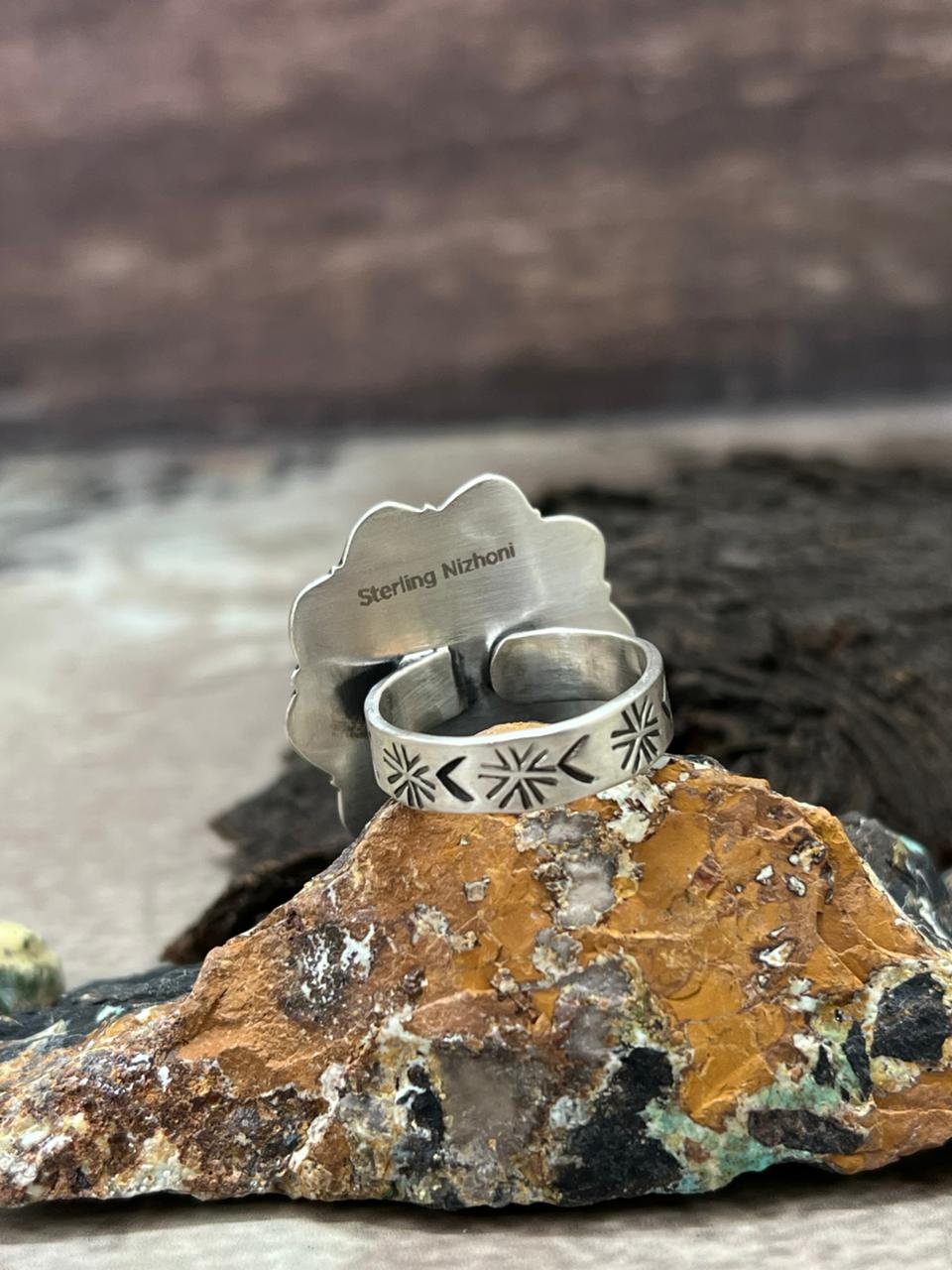 Handmade Sterling Silver Number 8 Turquoise Adjustable Ring "Signed Nizhoni"