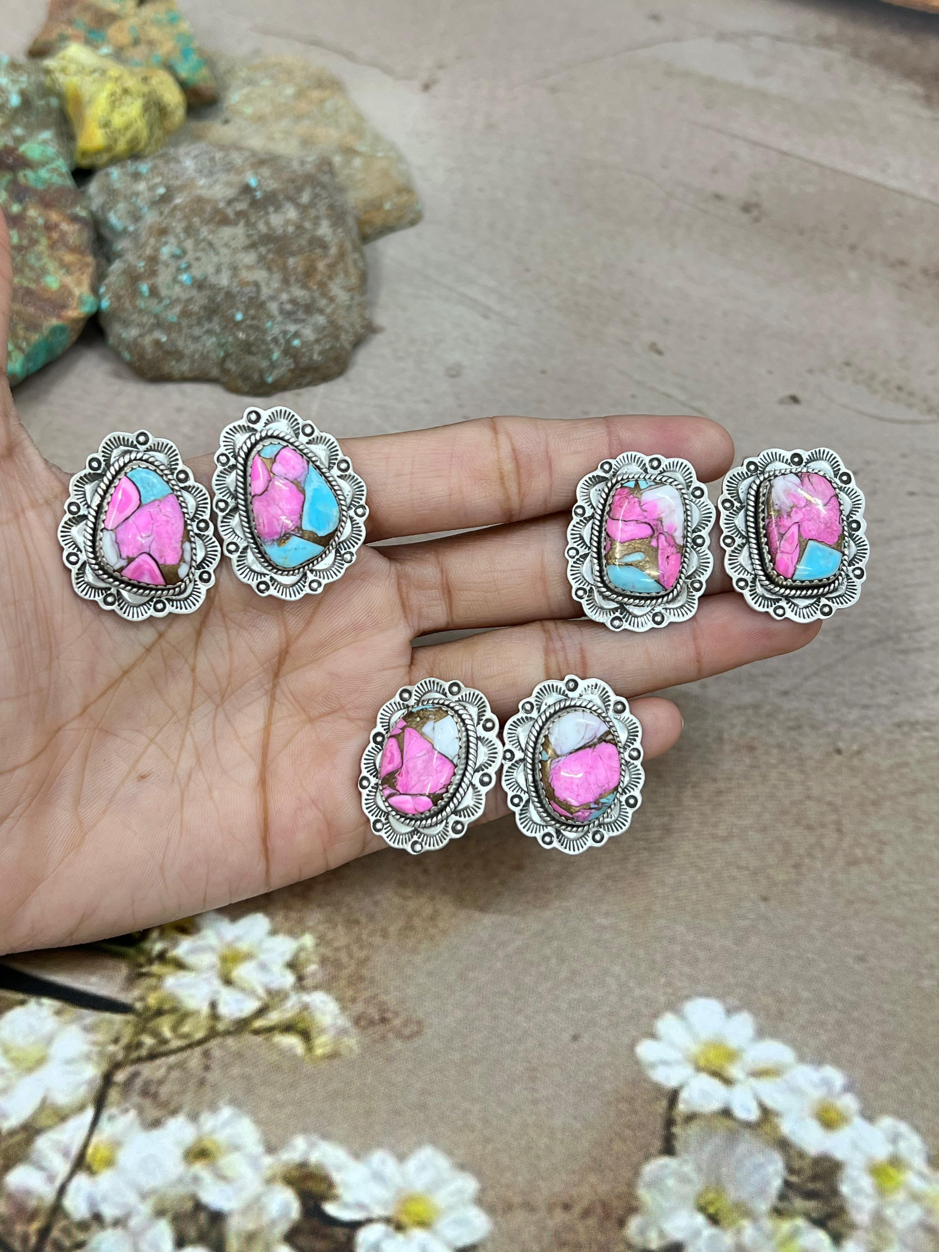 Handmade Sterling Silver Cotton Candy Turquoise Post Earrings with Signed Nizhoni