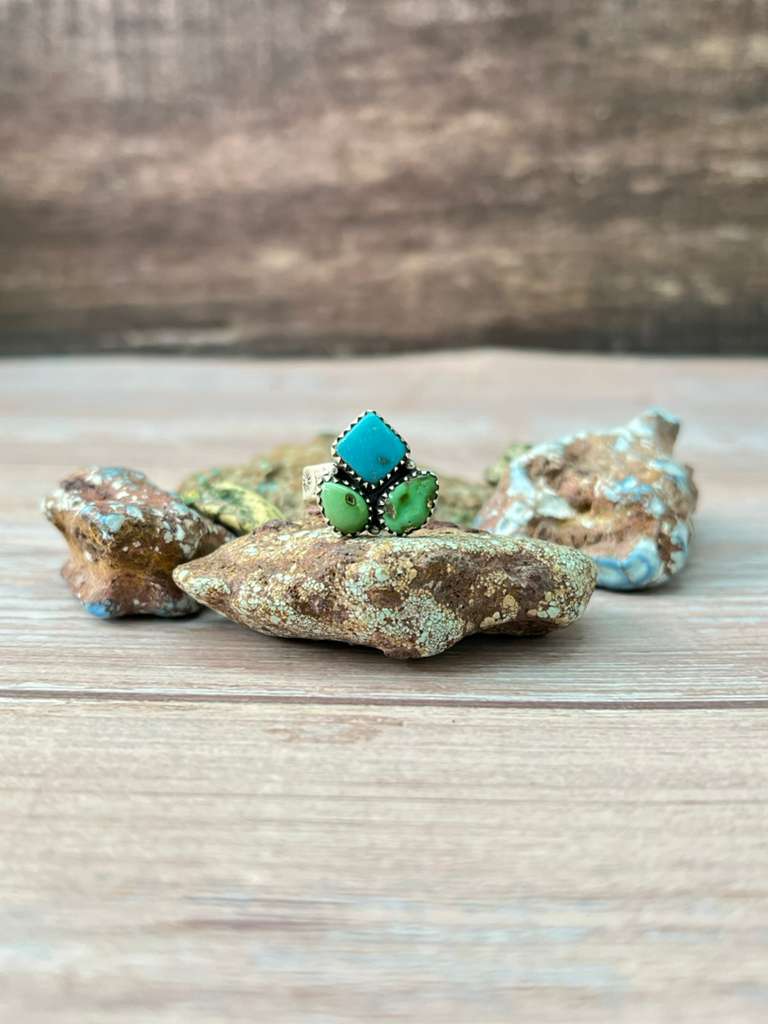 Handmade Sterling Silver Sonoran Mountain Turquoise with White Water Adjustable Ring "Signed Nizhoni"