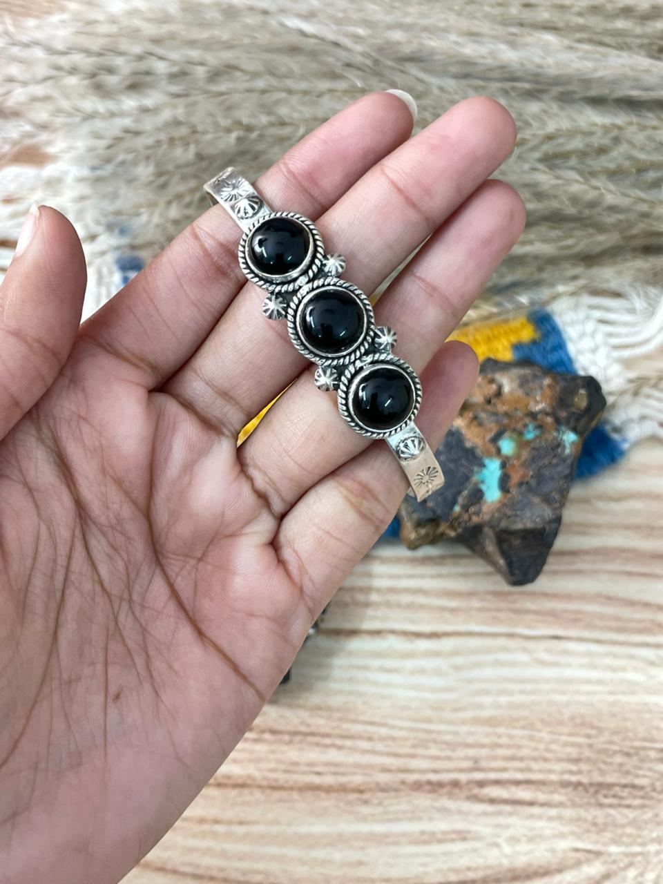 Handmade Sterling Silver Black Onyx Cuff Bracelet "Signed Nizhoni"