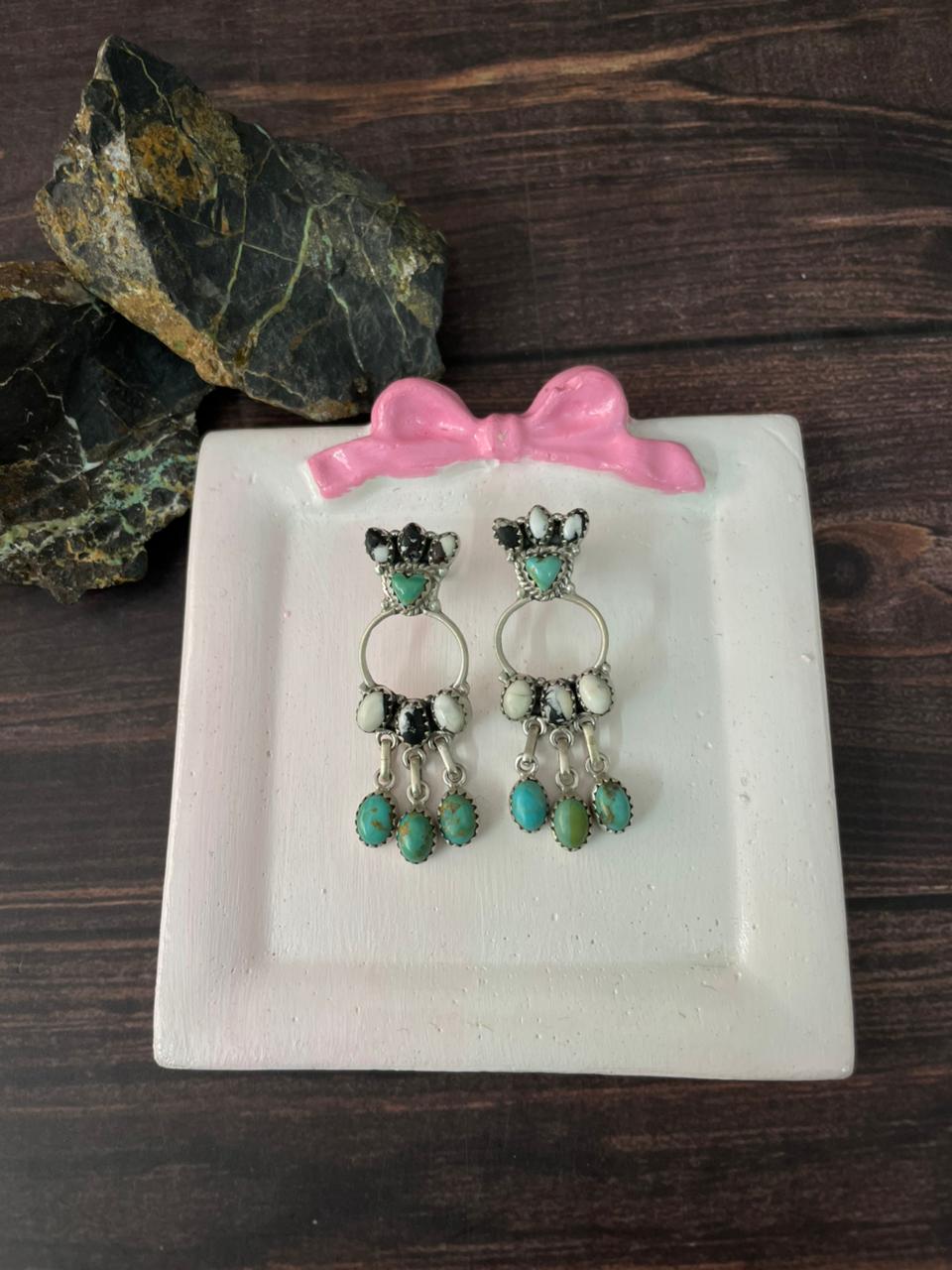 Handmade Sterling Silver White Buffalo with Kingman Post Dangle Earrings "Signed Nizhoni"