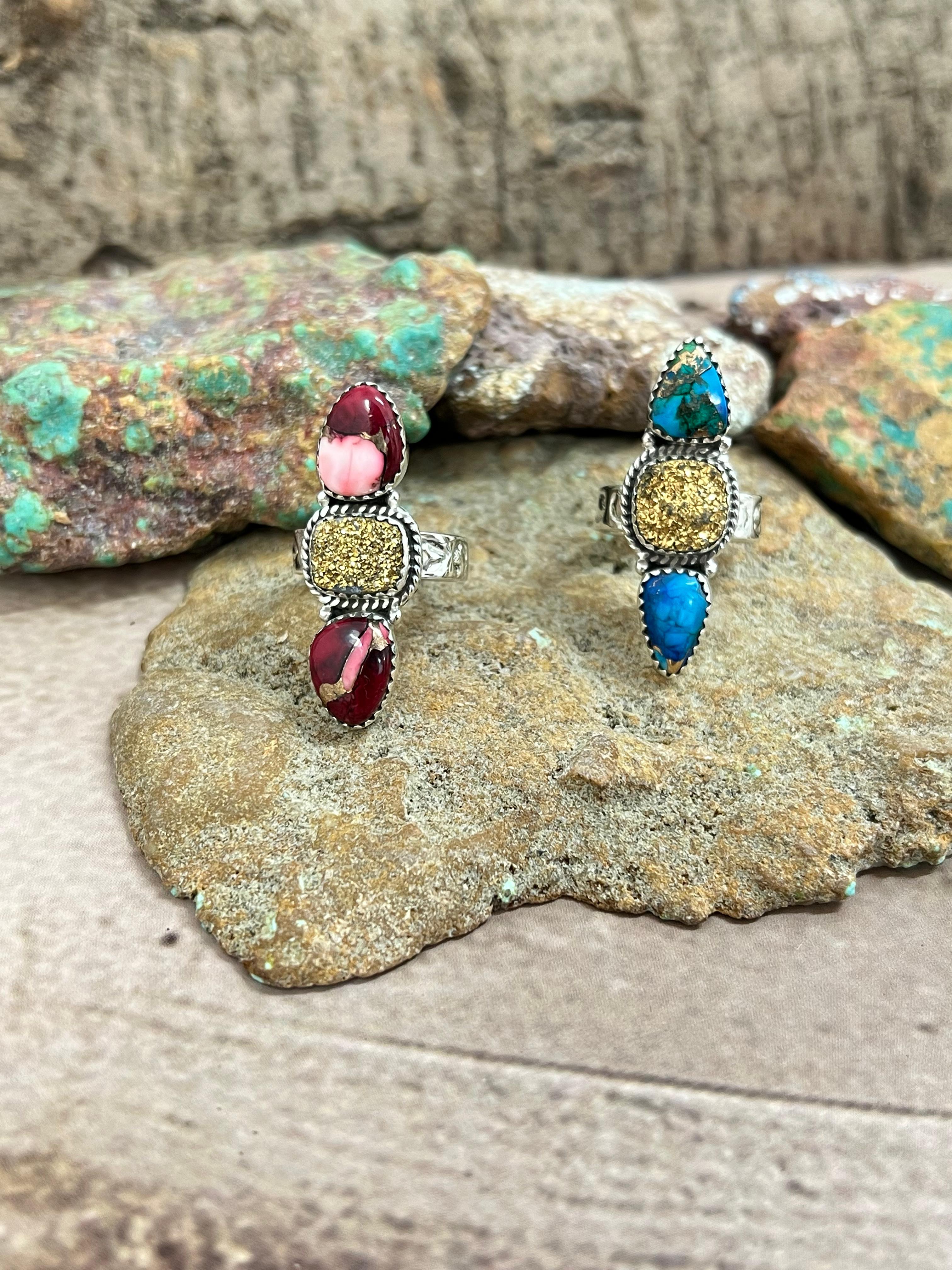 Handmade Sterling Silver Dahlia Rose with Druzy, Peacock Dahlia with Druzy Adjustable Ring, Signed Nizhoni