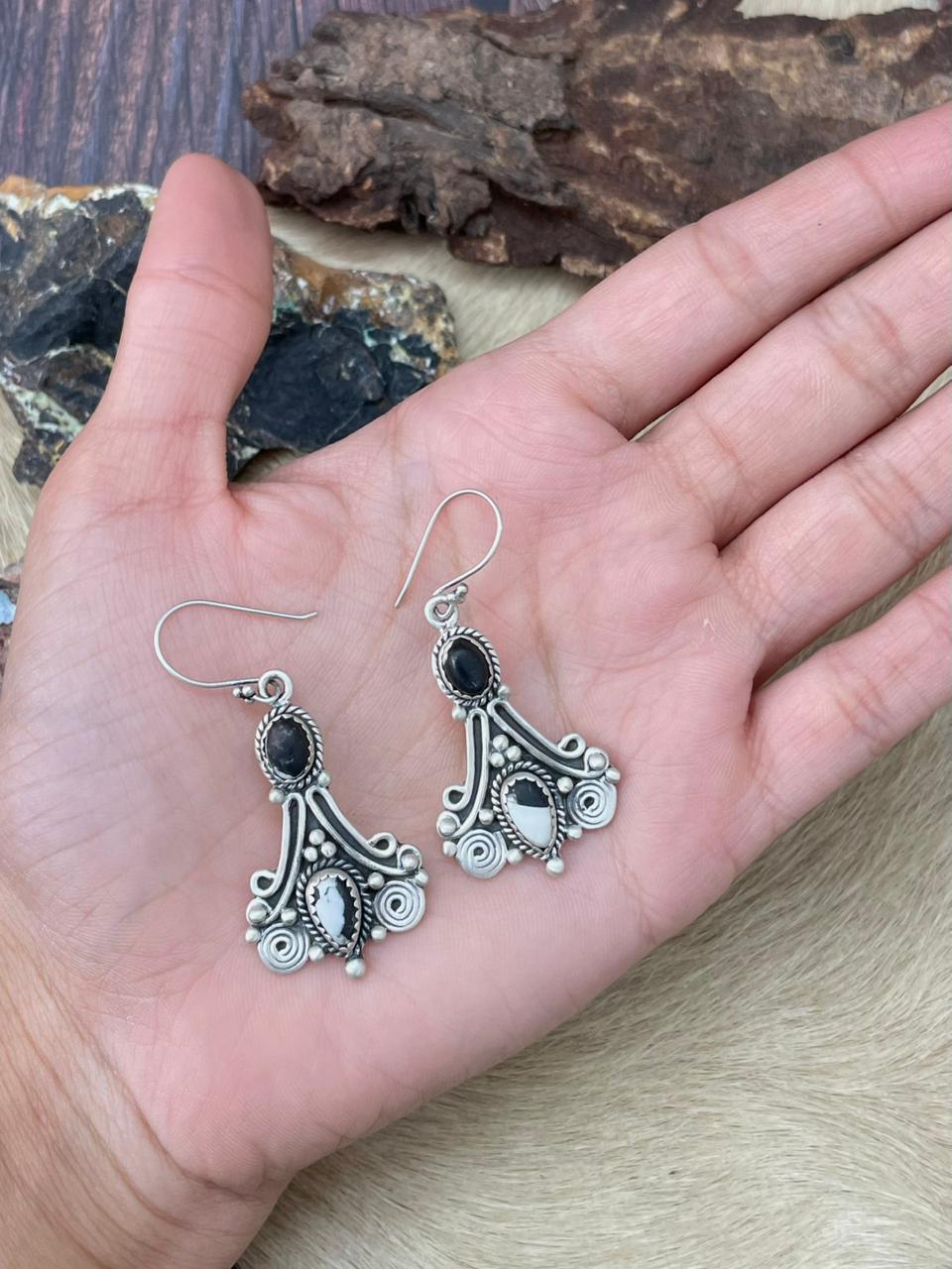 Handmade Sterling Silver White Buffalo Hook Dangle Earrings "Signed Nizhoni"