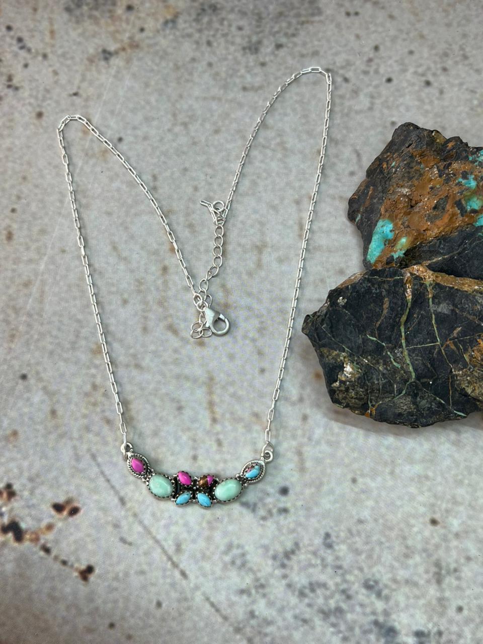 Handmade Sterling Silver Paloma with Cotton Candy Necklace "Signed Nizhoni"