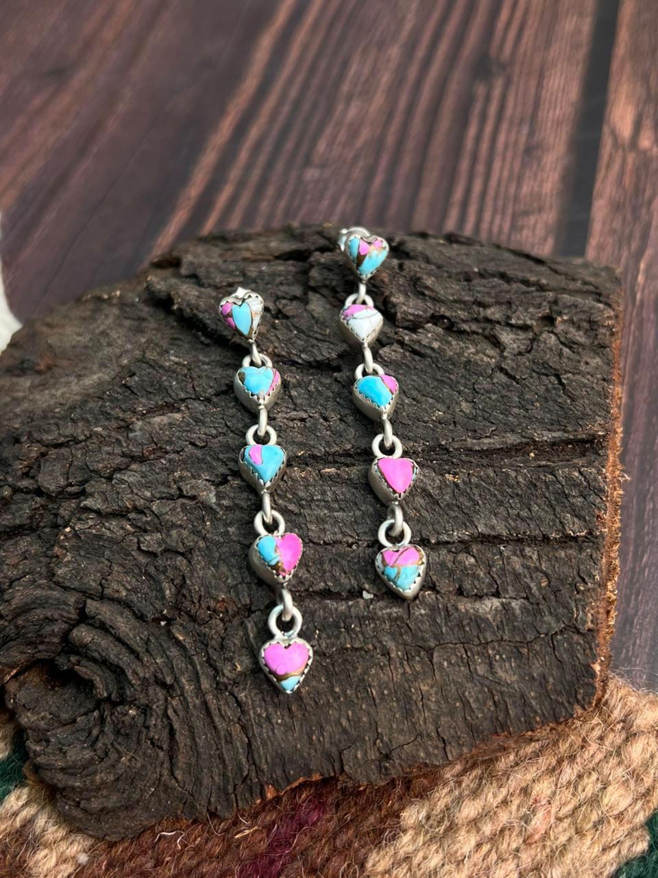 "Heart Collection" Handmade Sterling Silver Cotton Candy Post Dangle Earrings "Signed Nizhoni"