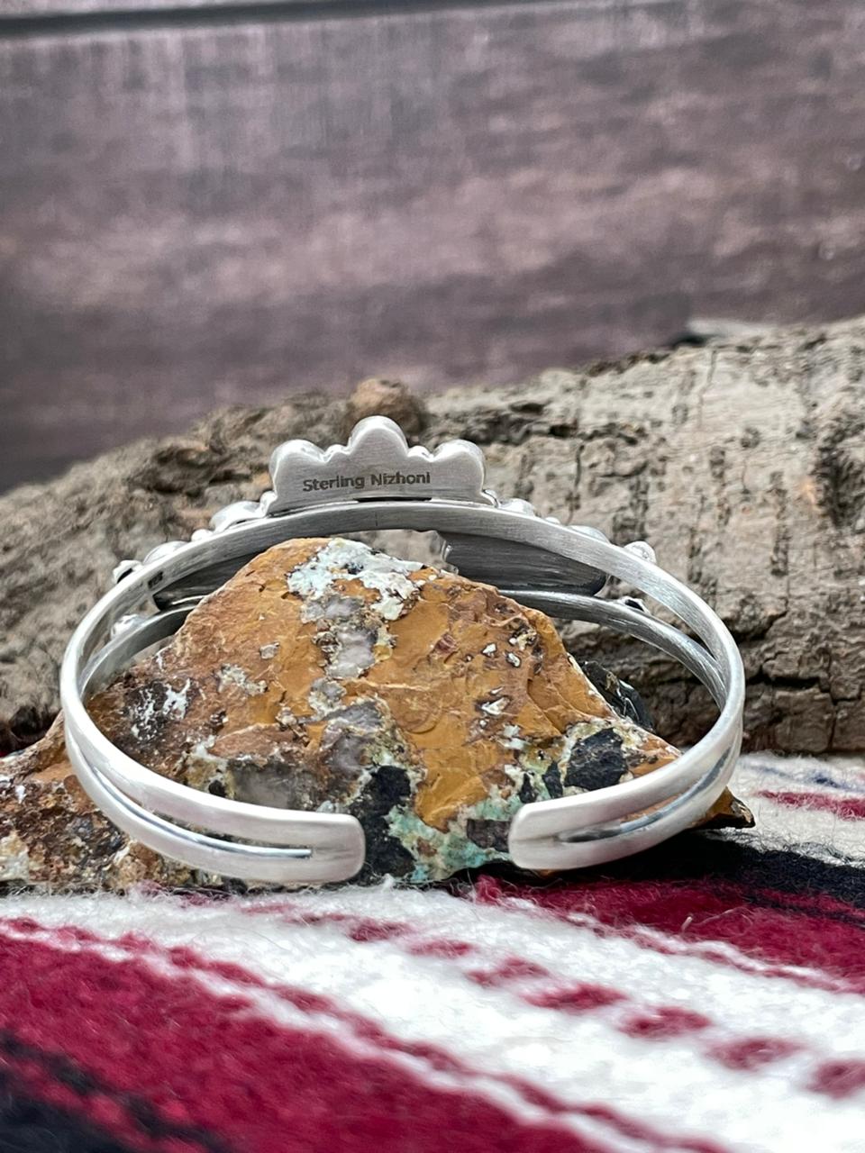 "Christmas Collection" Handmade Sterling Silver White Buffalo With Red Opal Naja Cuff Bracelet "Signed Nizhoni"