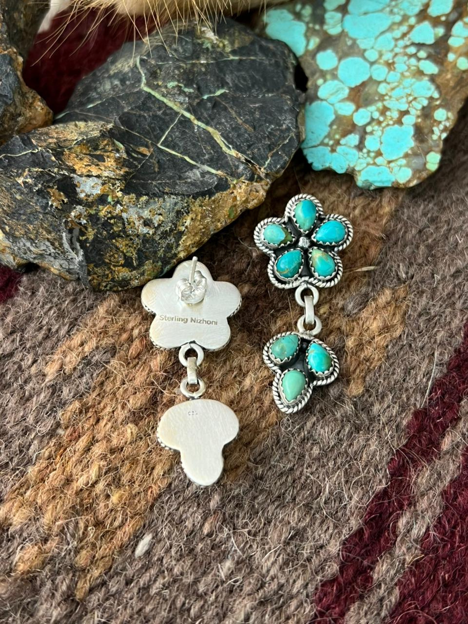 Handmade Sterling Silver Kingman Turquoise Post Dangle Earrings "Signed Nizhoni"