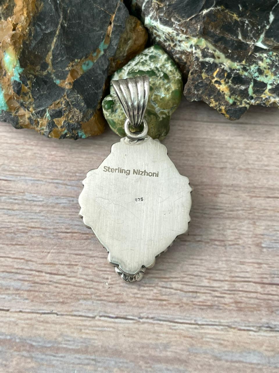 Handmade Sterling Silver Mantis Turquoise Pendant " Signed Nizhoni"