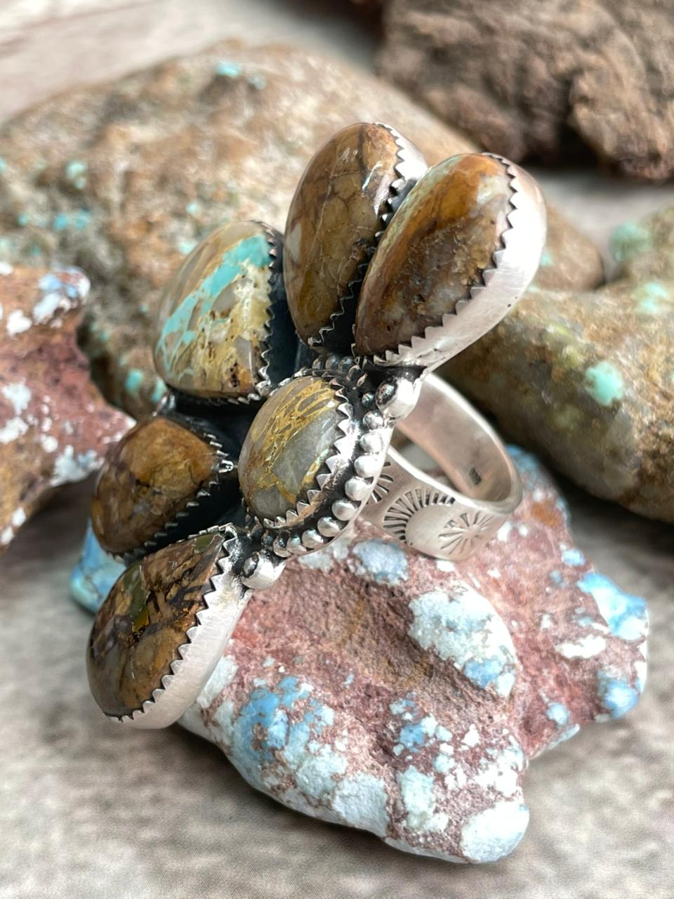 Handmade Sterling Silver Royston Ribbon Turquoise Adjustable Ring with Signed Nizhoni