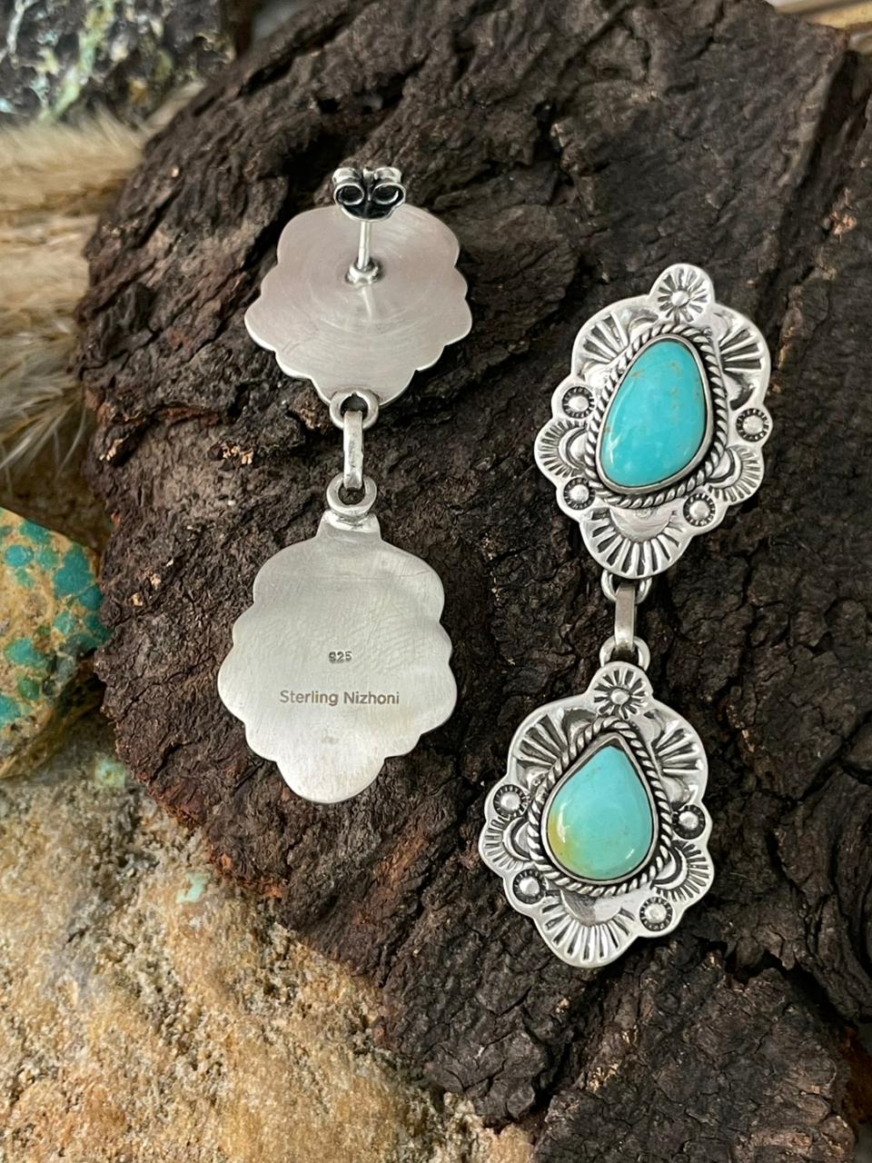 Handmade Sterling Silver Santa Maria Turquoise Post Dangle Earrings "Signed Nizhoni"
