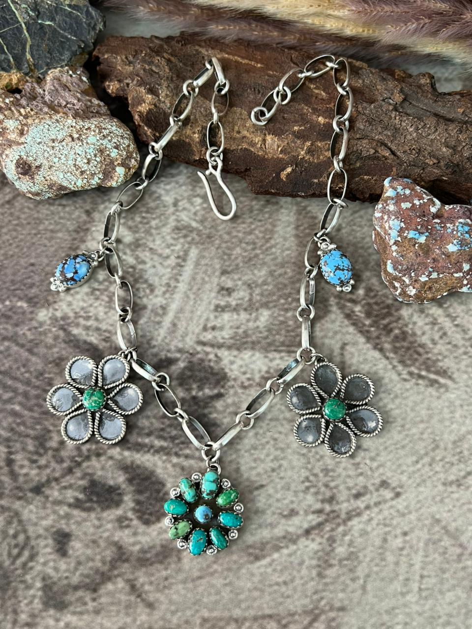 Handmade Sterling Silver Golden Hills with Emerlad Valley Necklace "Signed Nizhoni"