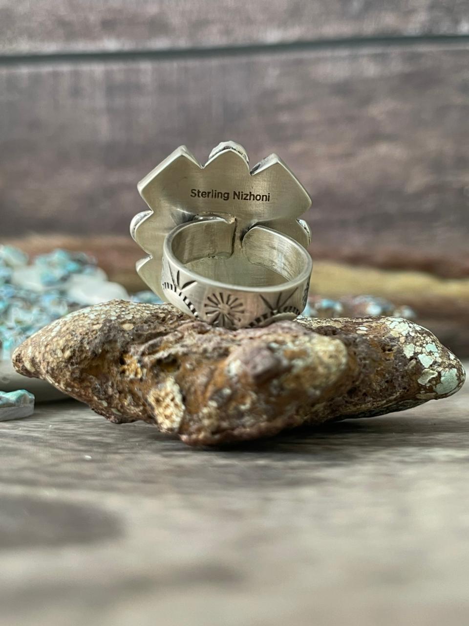 Handmade Sterling Silver 'Golden Hills Turquoise Cobble Collection' Adjustable Ring "Signed Nizhoni"