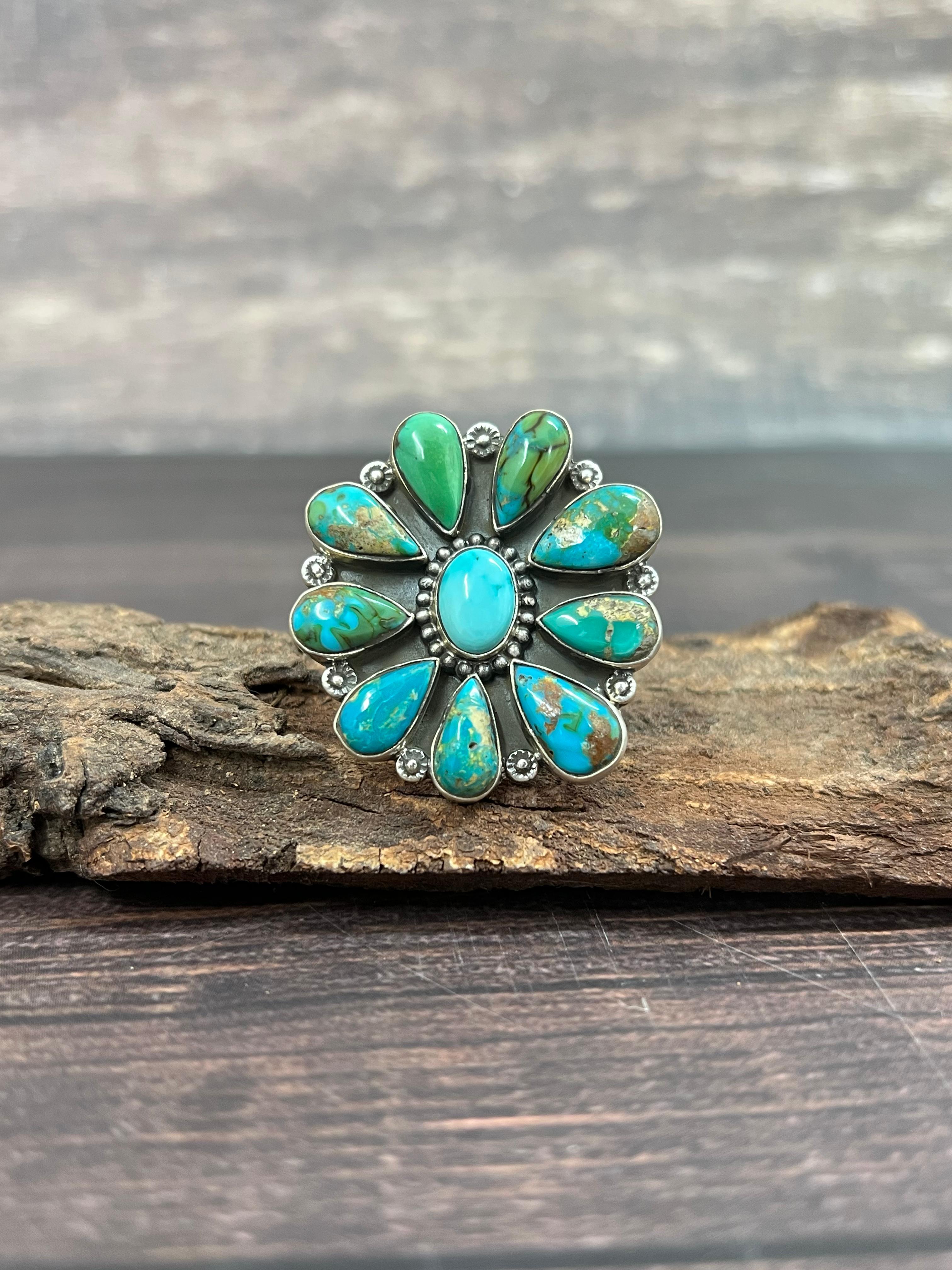 Handmade Sterling Silver South Hill Turquoise Adjustable Ring with Signed Nizhoni