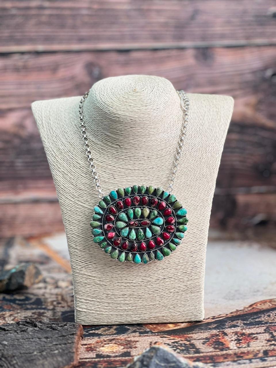 Handmade Sterling Silver Dahlia Rose with Emerald Valley Turquoise Necklace "Signed Nizhoni"