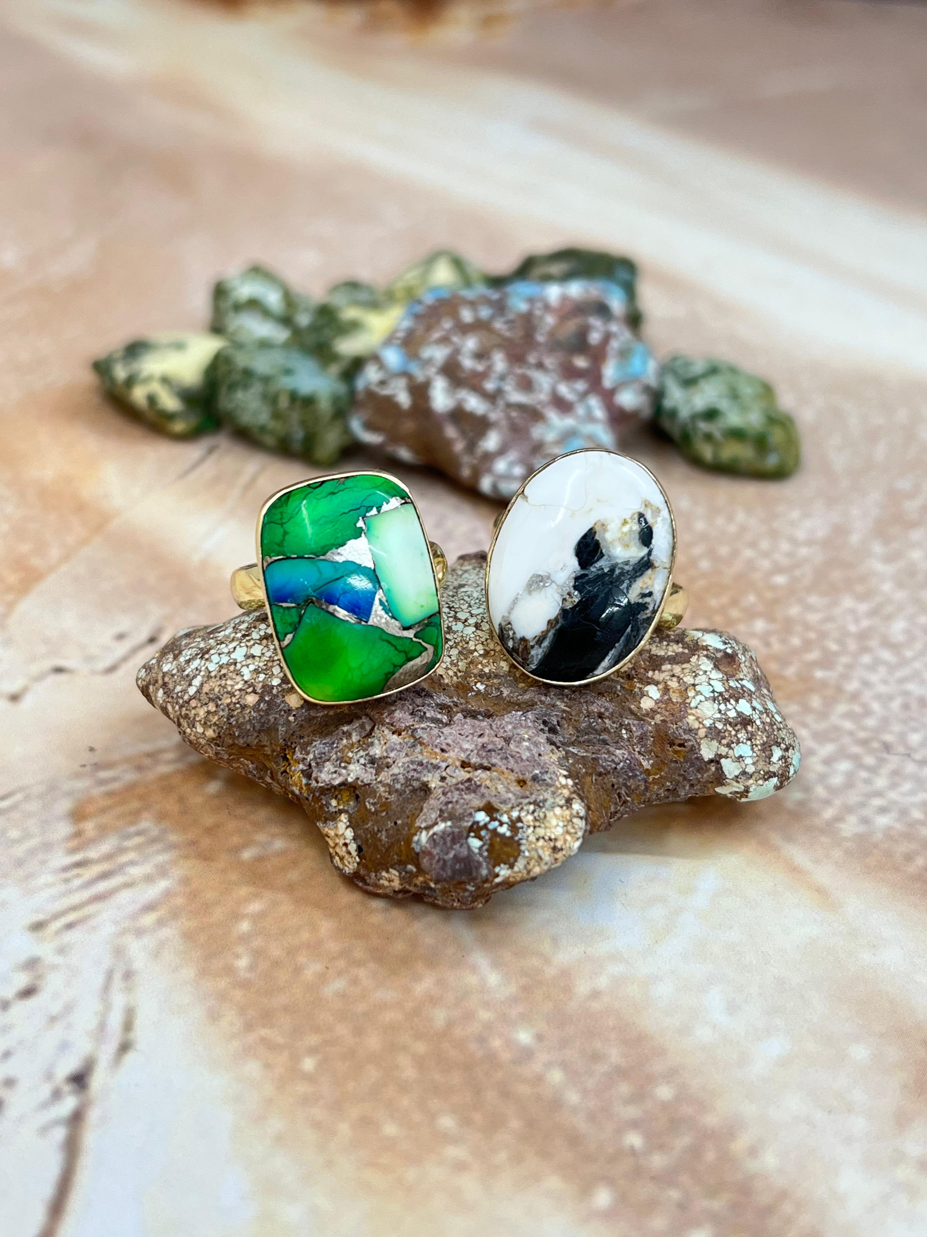 “The Golden Collection” Natural White Buffalo, Peacock Dahlia Single Stone Adjustable Ring