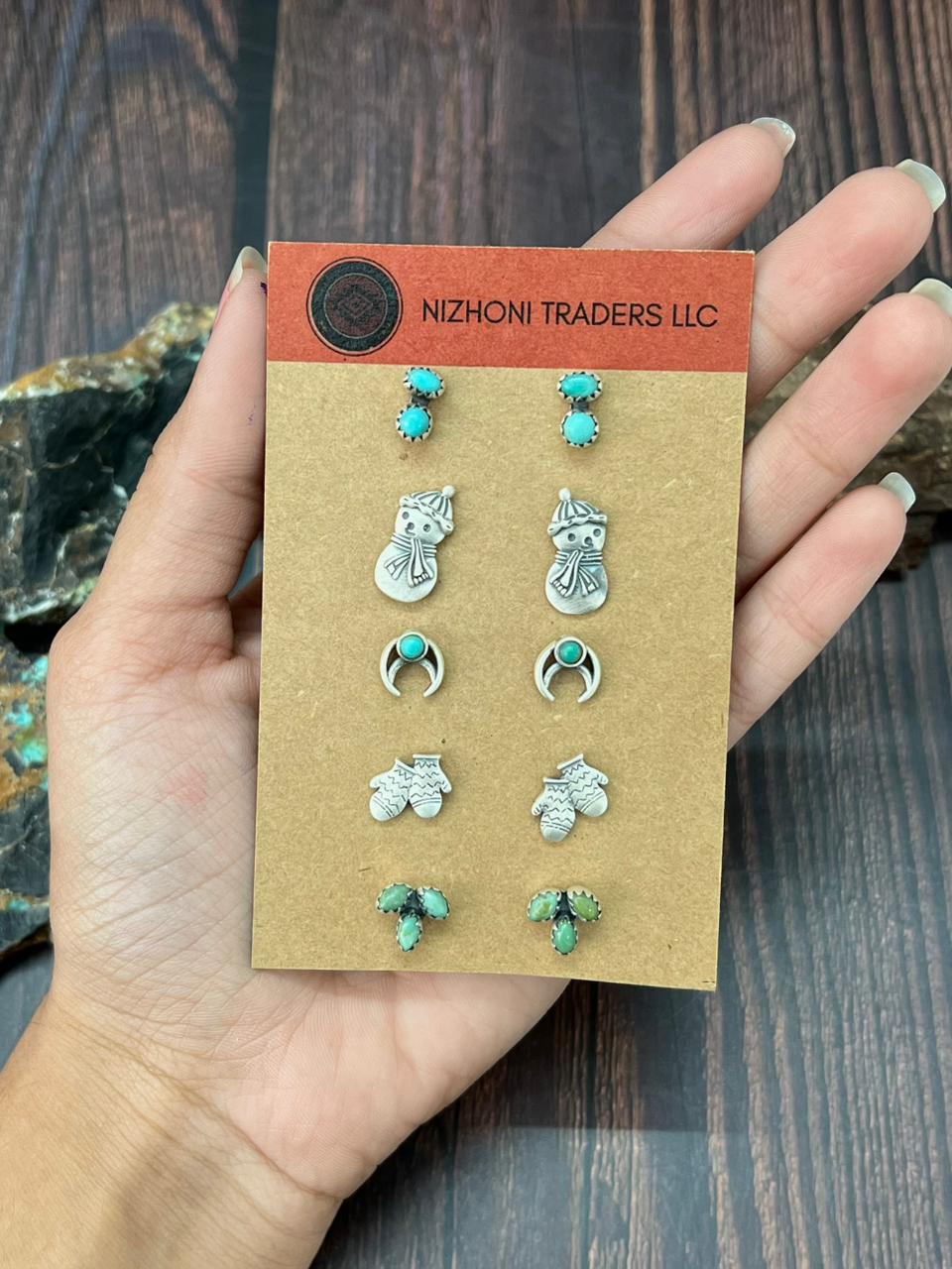 Handmade Sterling Silver Kingman Turquoise Post Studs Earrings Set