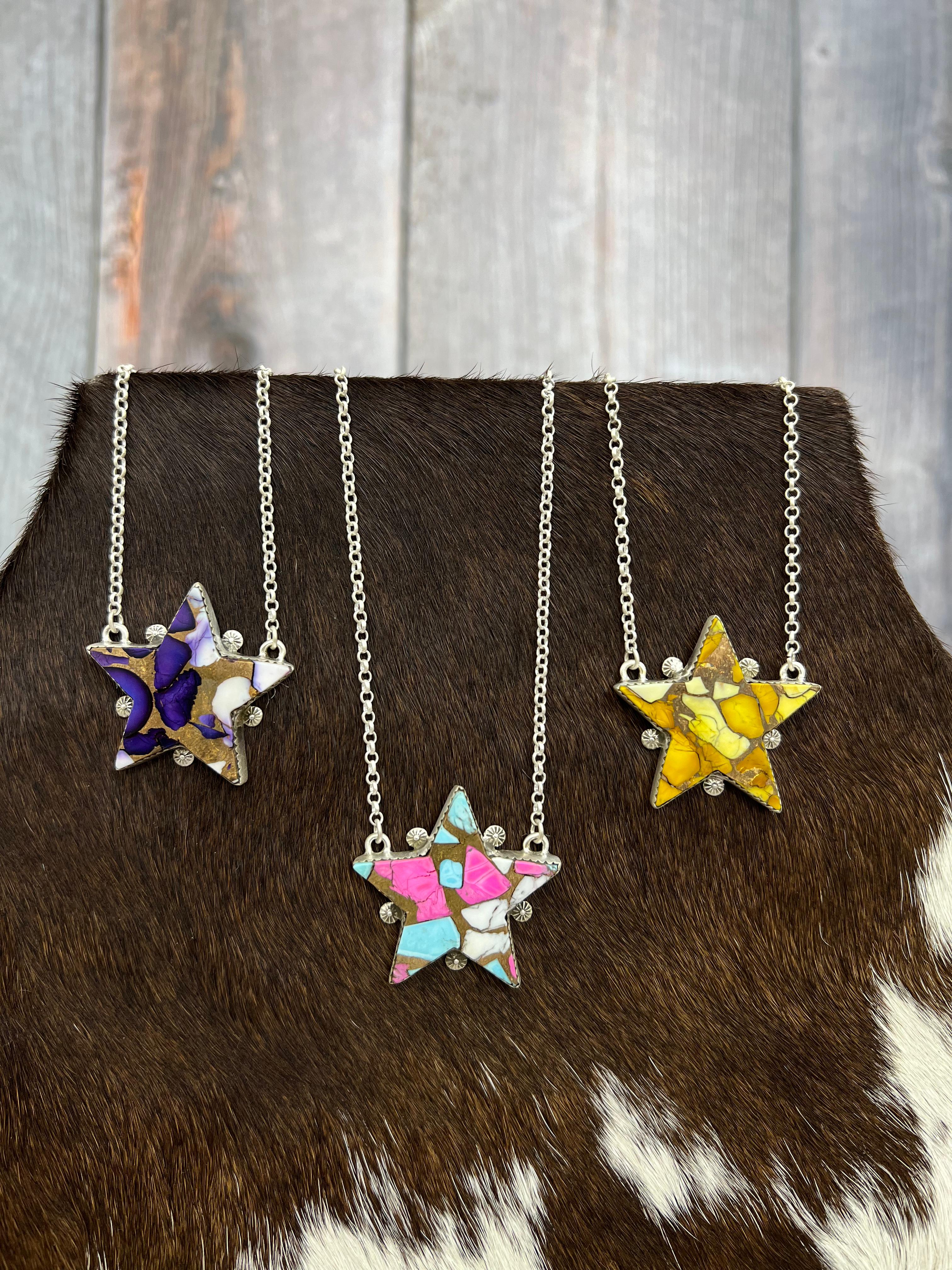 Handmade Sterling Silver Multi Stone Star Necklace, Signed Nizhoni