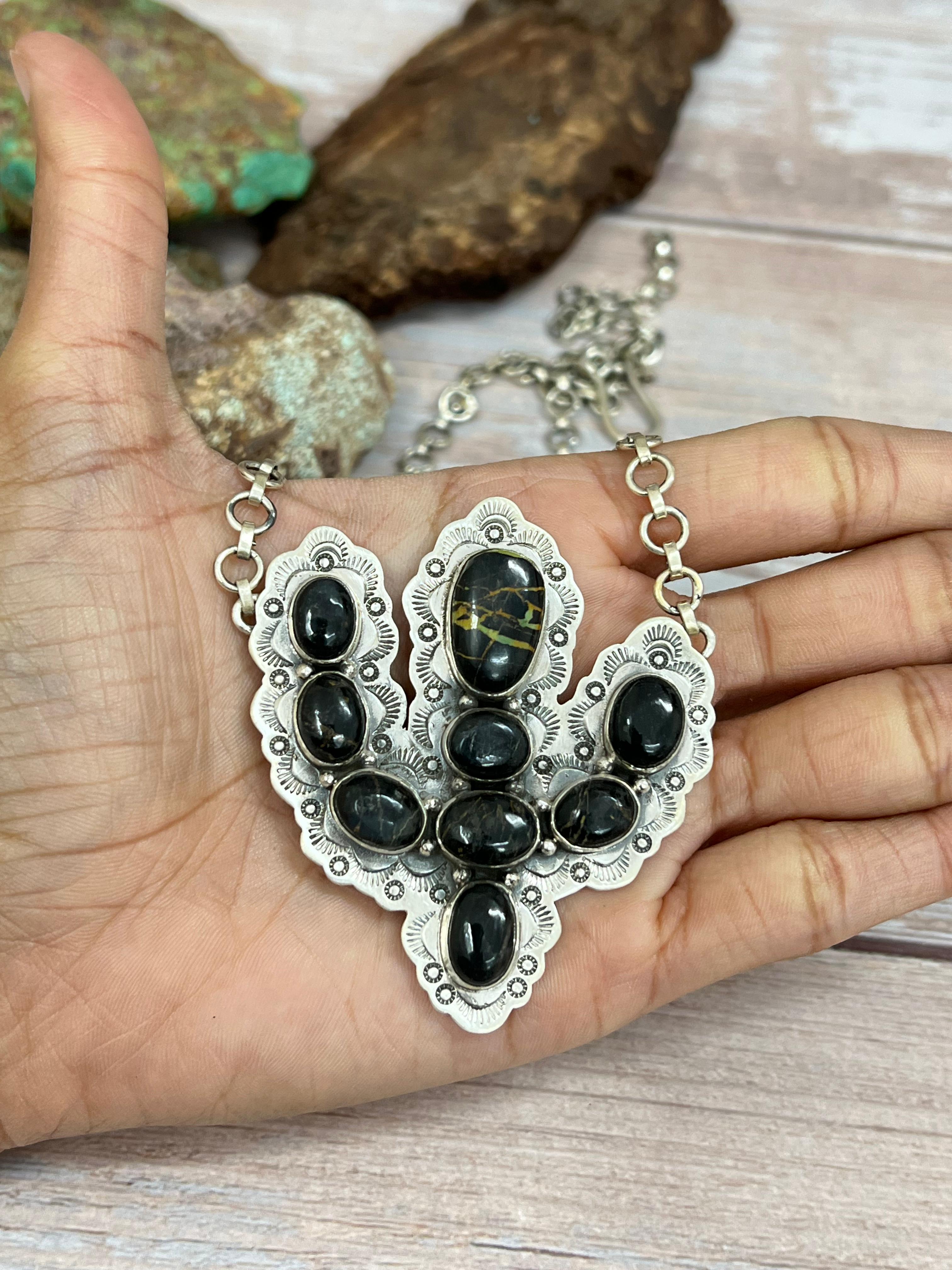 Handmade Sterling Silver Blackjack Turquoise Cactus Necklace with Signed Nizhoni