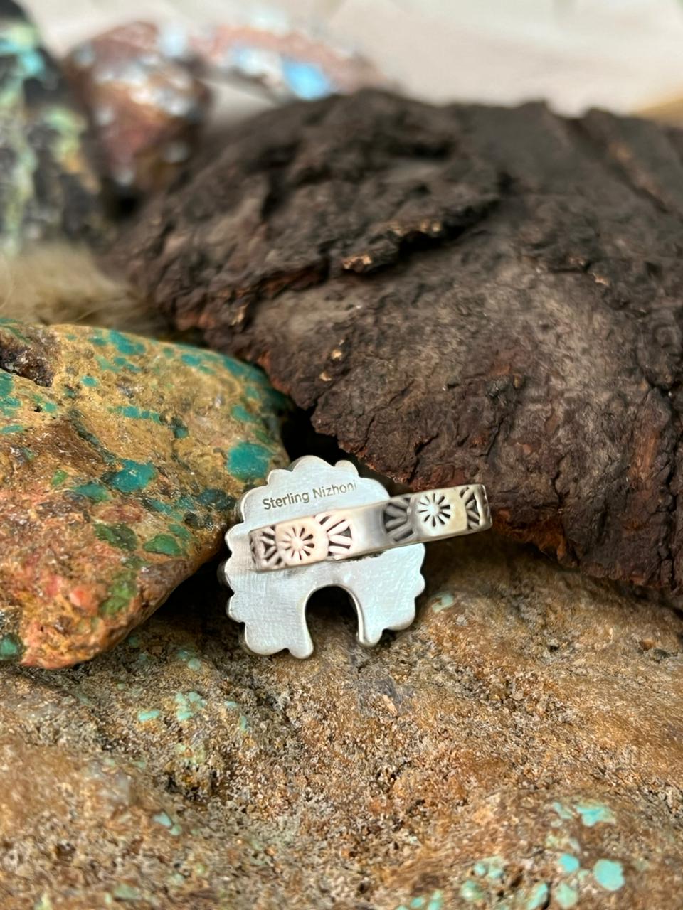 Handmade Sterling Silver Kingman Turquoise Adjustable Ring "Signed Nizhoni"