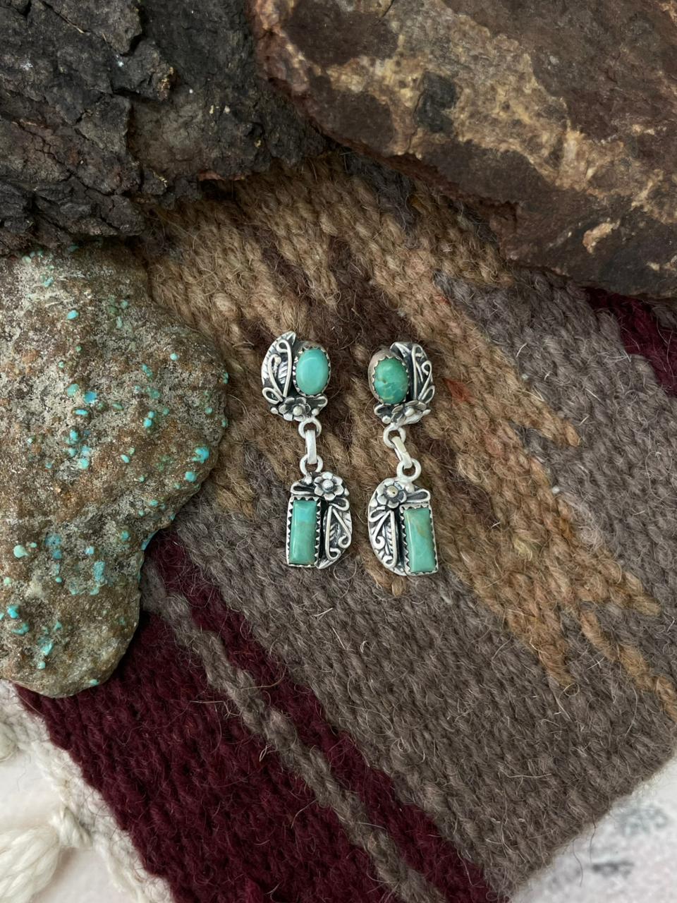 Handmade Sterling Silver Kingman Turquoise Post Earrings "Signed Nizhoni"