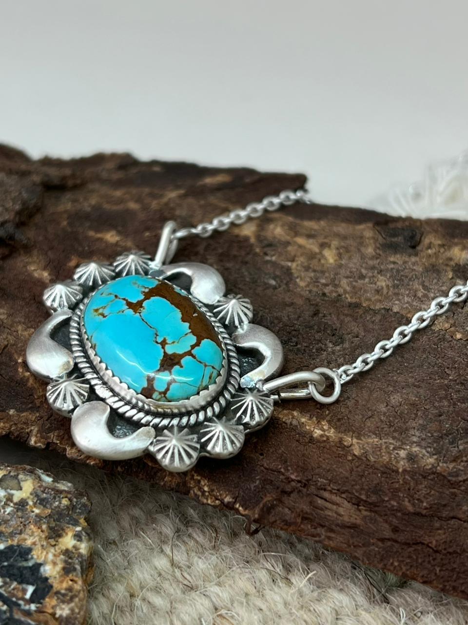 Handmade Sterling Silver Number 8 Turquoise Necklace "Signed Nizhoni"