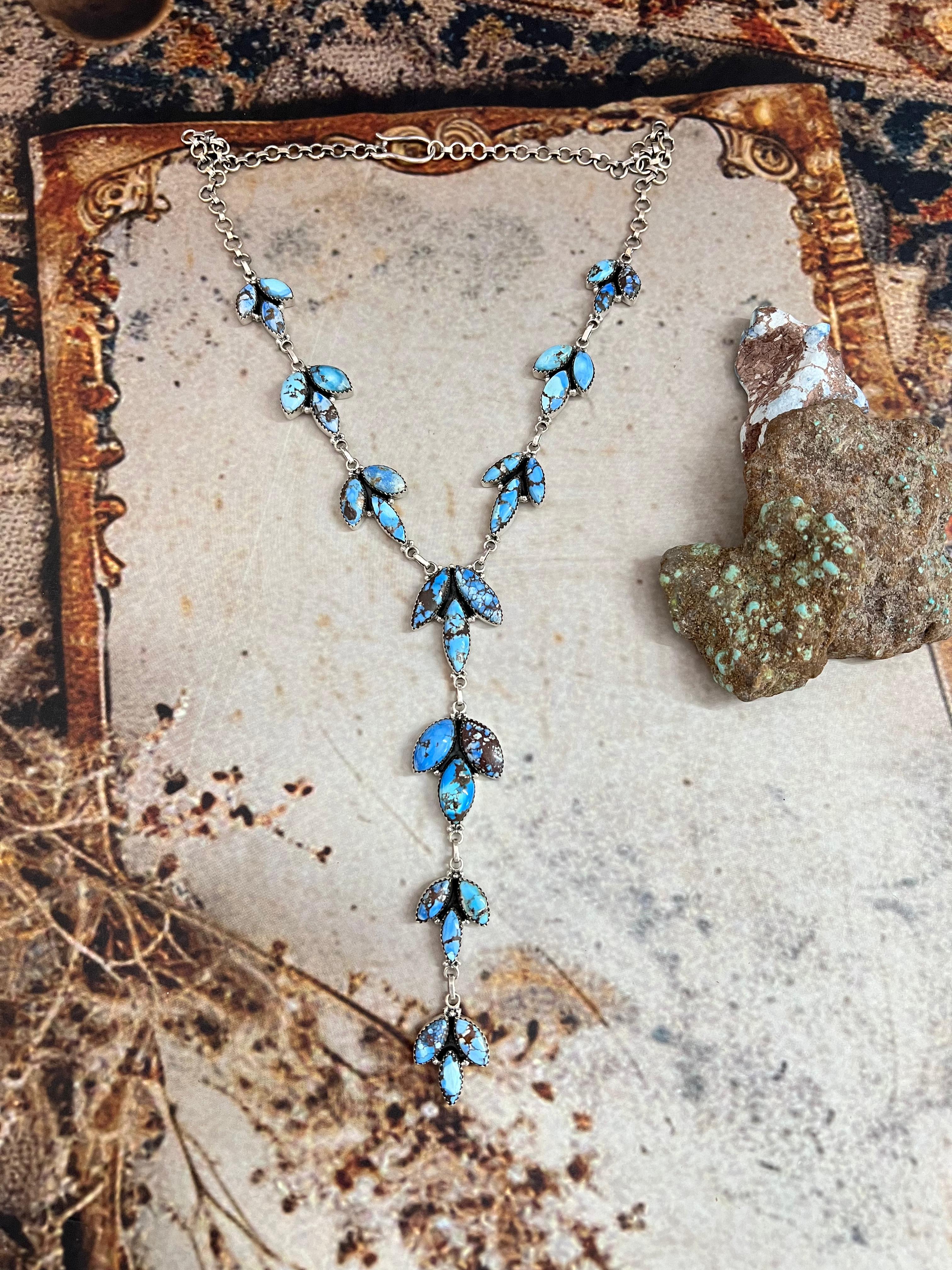 Handmade Sterling Silver Golden Hills Turquoise Lariat Necklace with Signed Nizhoni