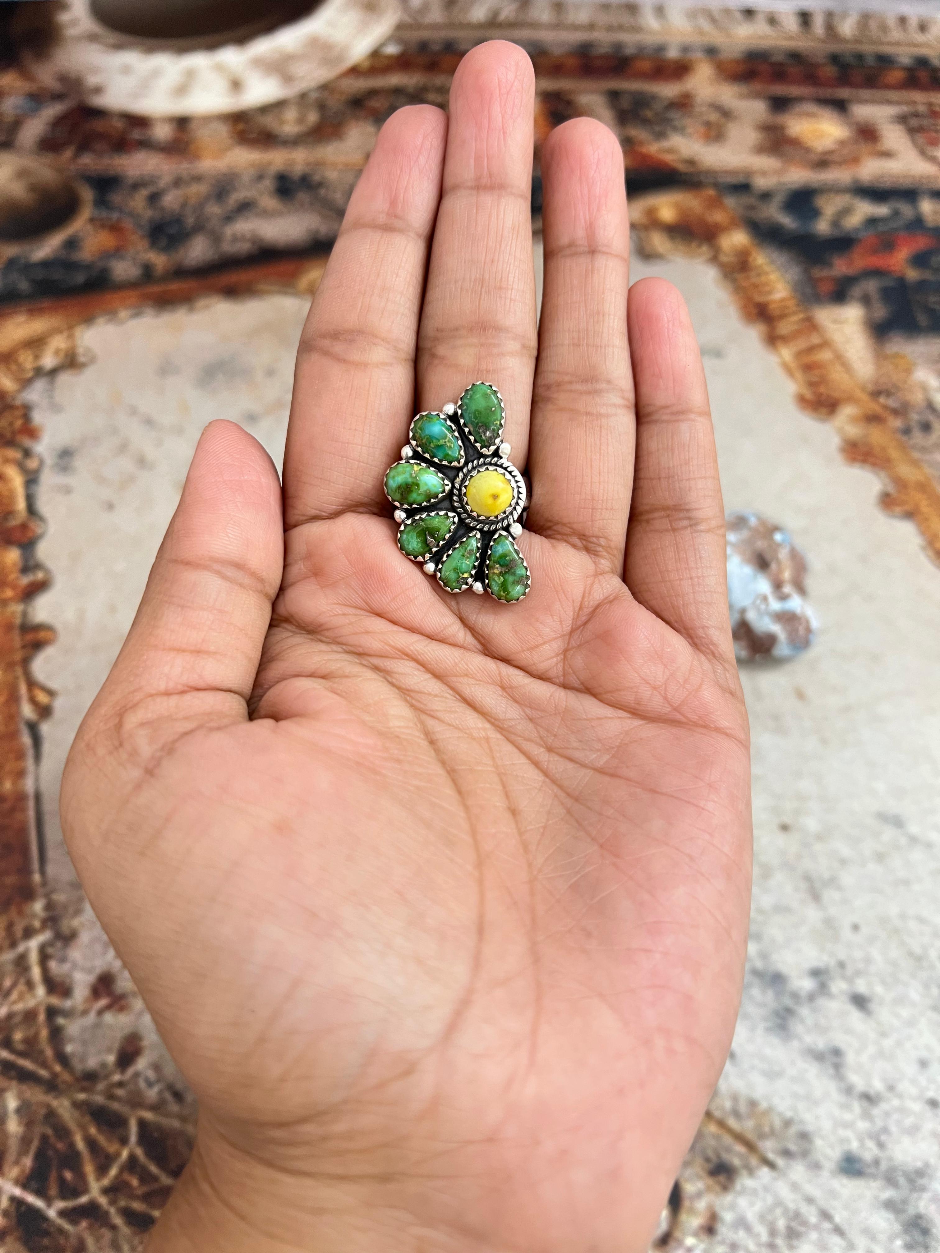 Handmade Sterling Silver Sonoran Mountain Turquoise with Palomino Turquoise Adjustable Ring, Signed Nizhoni (5)