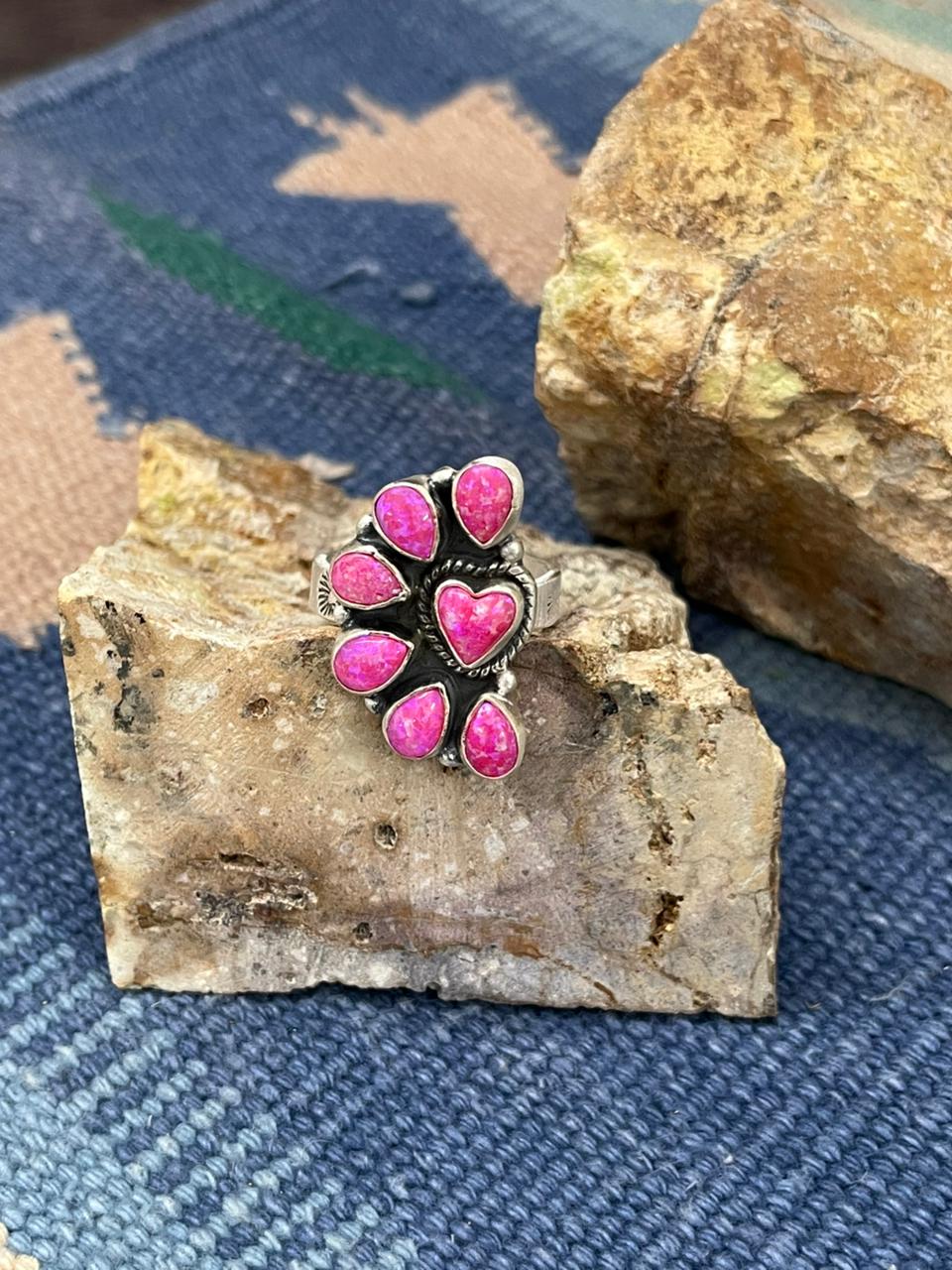 Handmade Sterling Silver Hot Pink Adjustable Ring " Signed Nizhoni"