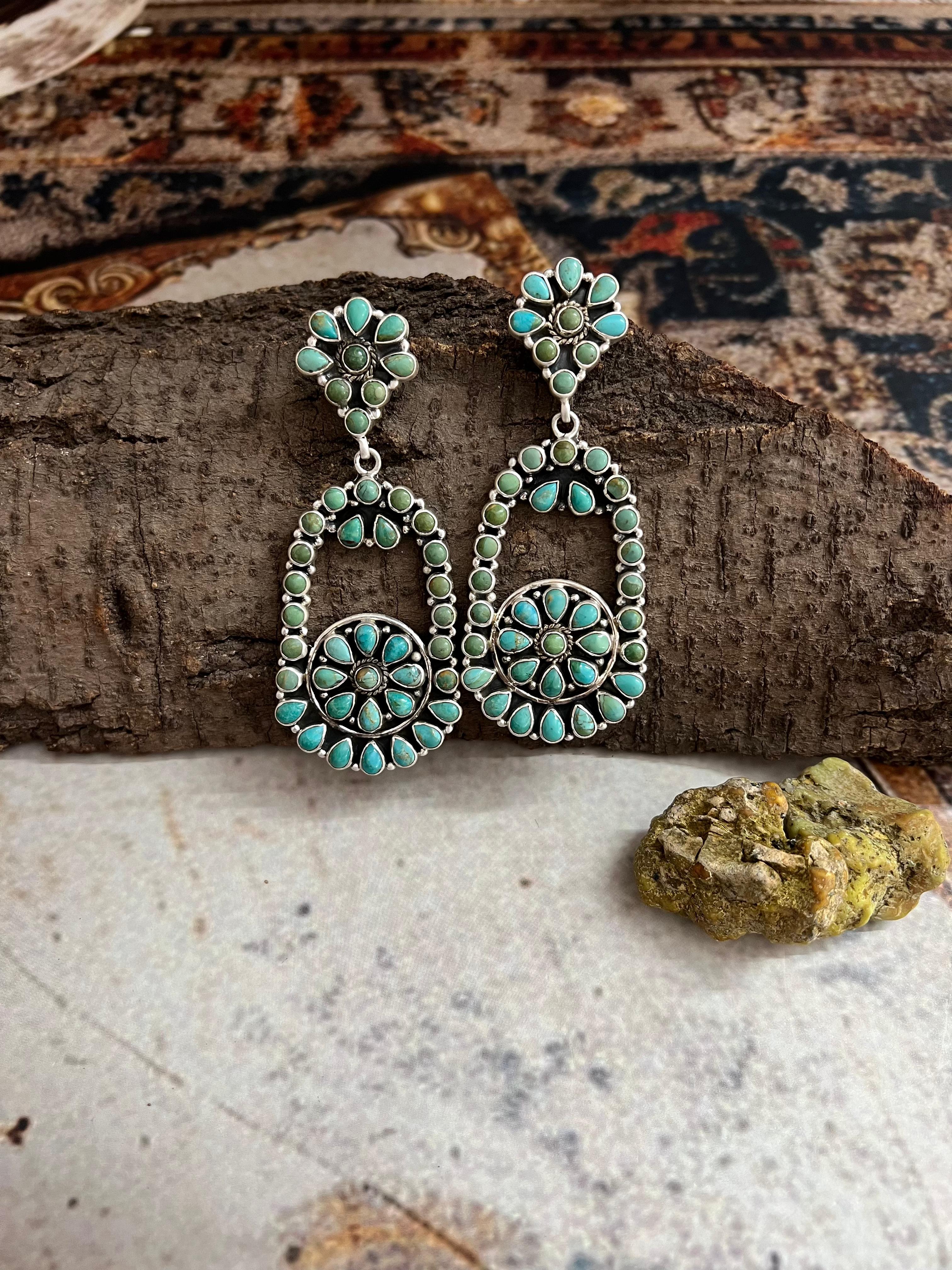 Handmade Sterling Silver Kingman Turquoise Post Dangle Earrings with Signed Nizhoni