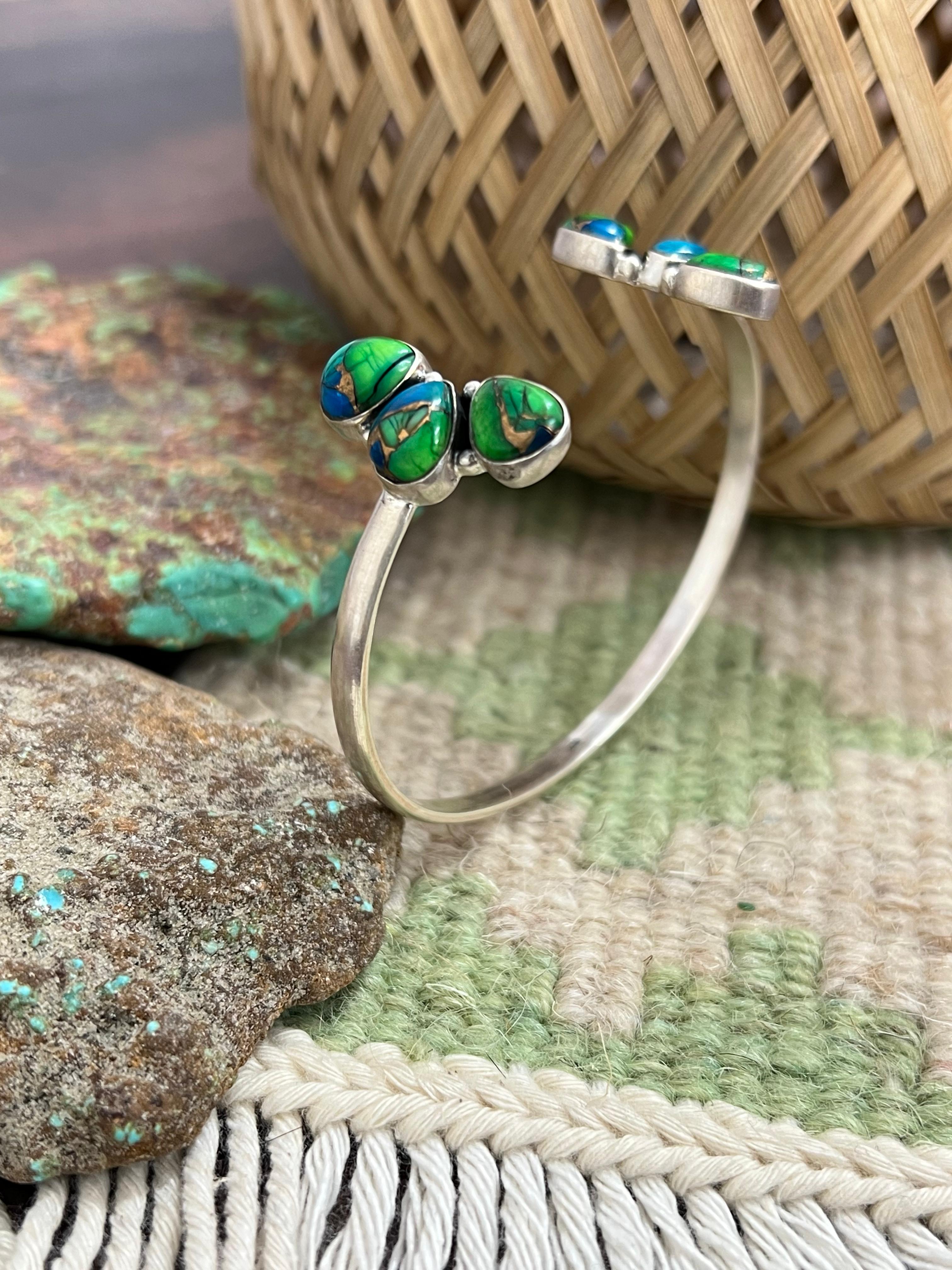 Handmade Sterling Silver Peacock Dahlia Cuff Bracelet with Signed Nizhoni