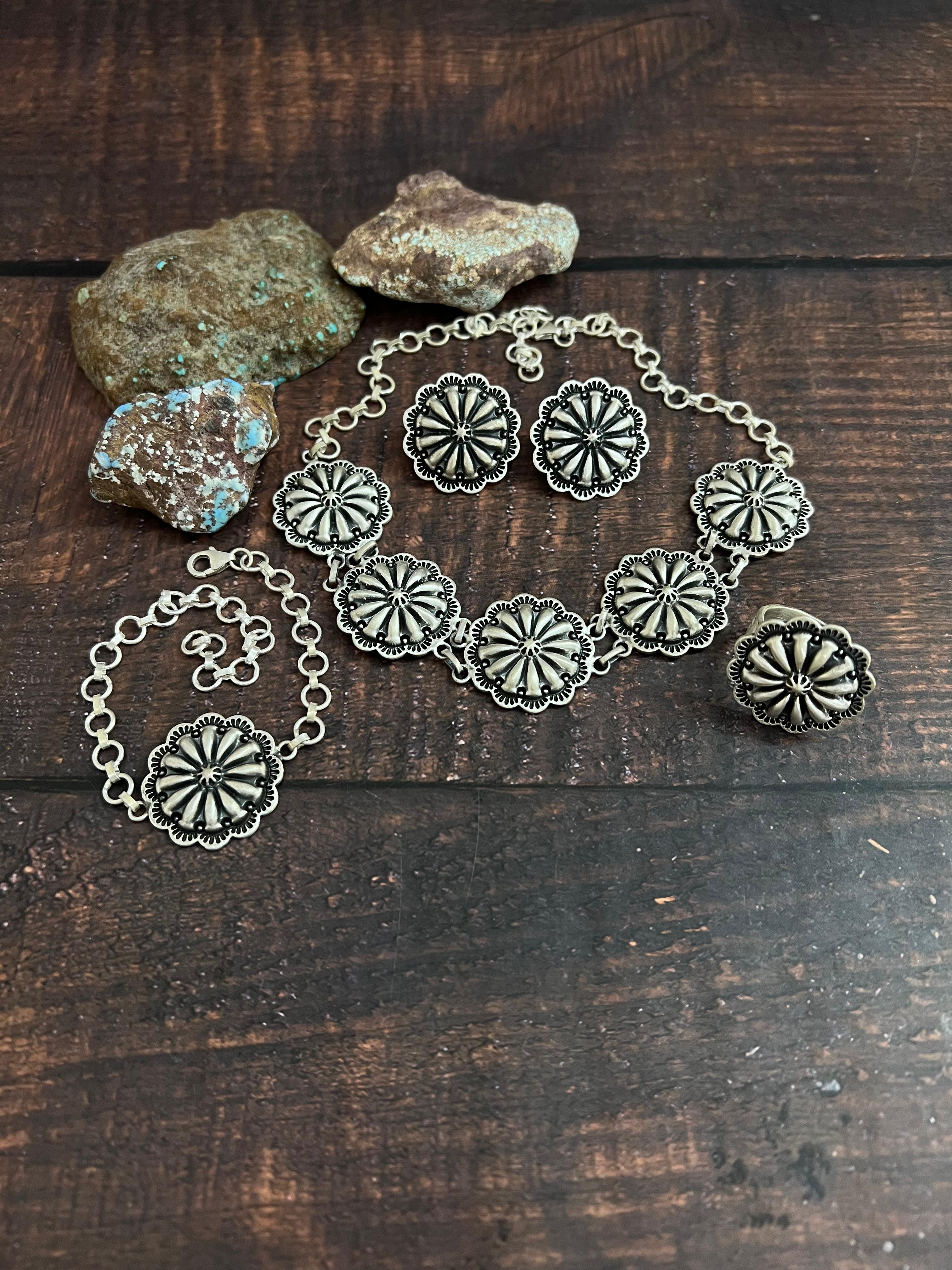 Handmade Sterling Silver Necklace Earrings Ring Bracelet Set, Signed Nizhoni