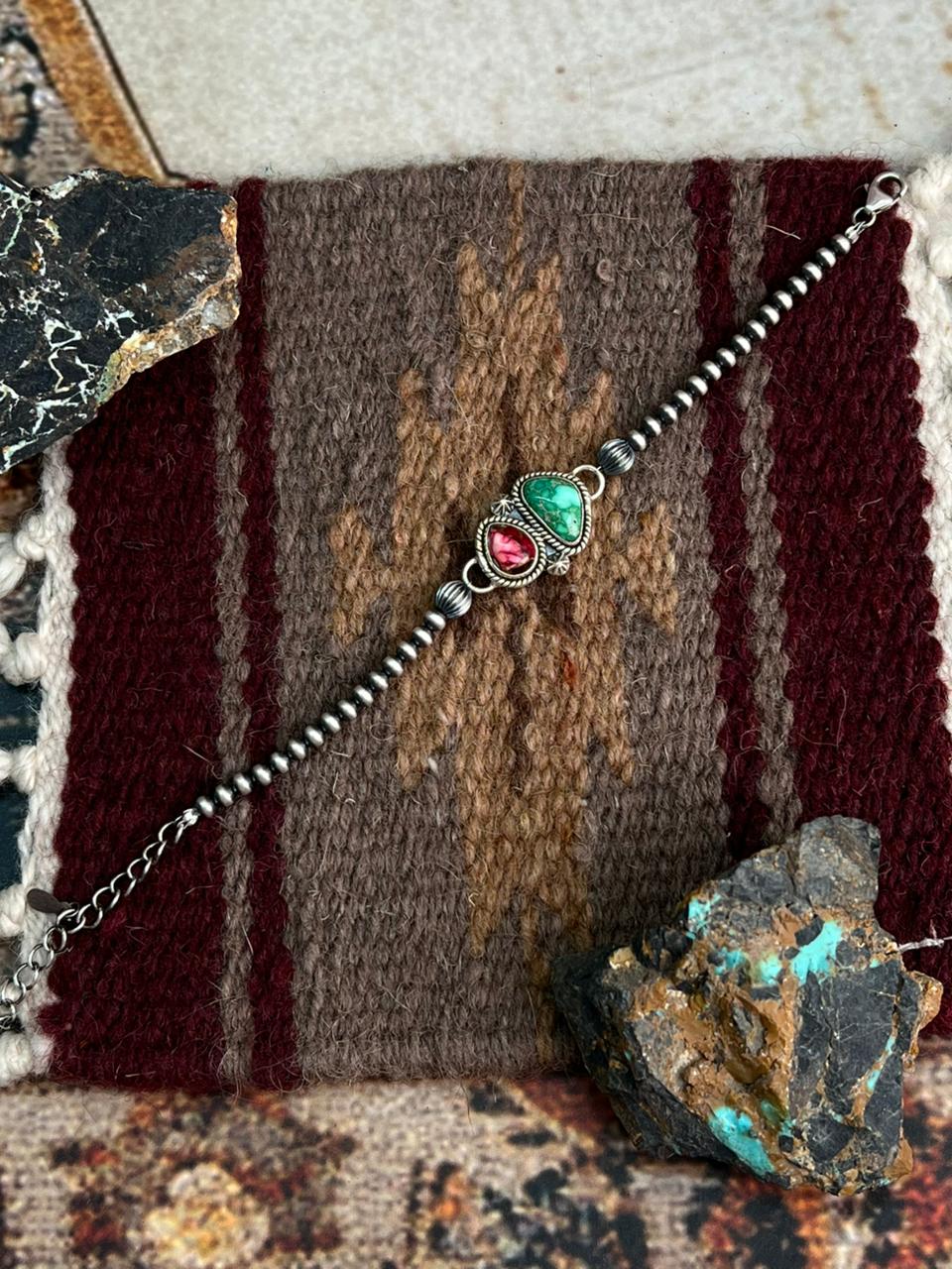 Handmade Sterling Silver Dahlia Rose with Emerald Valley Turquoise Beaded Bracelet "Signed Nizhoni"