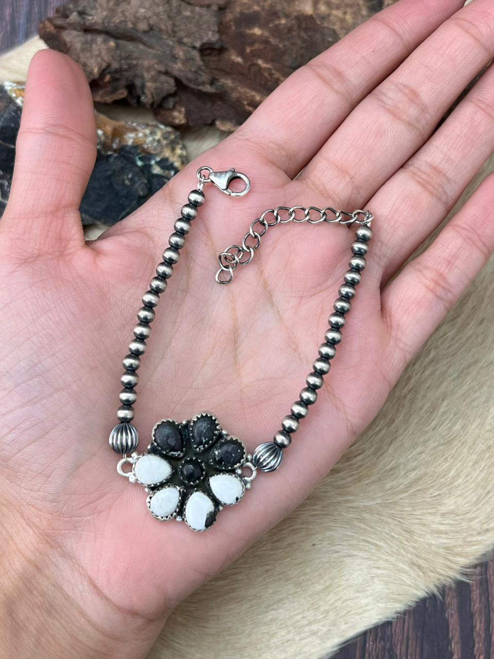 Handmade Sterling Silver White Buffalo Chain Bracelet "Signed Nizhoni"