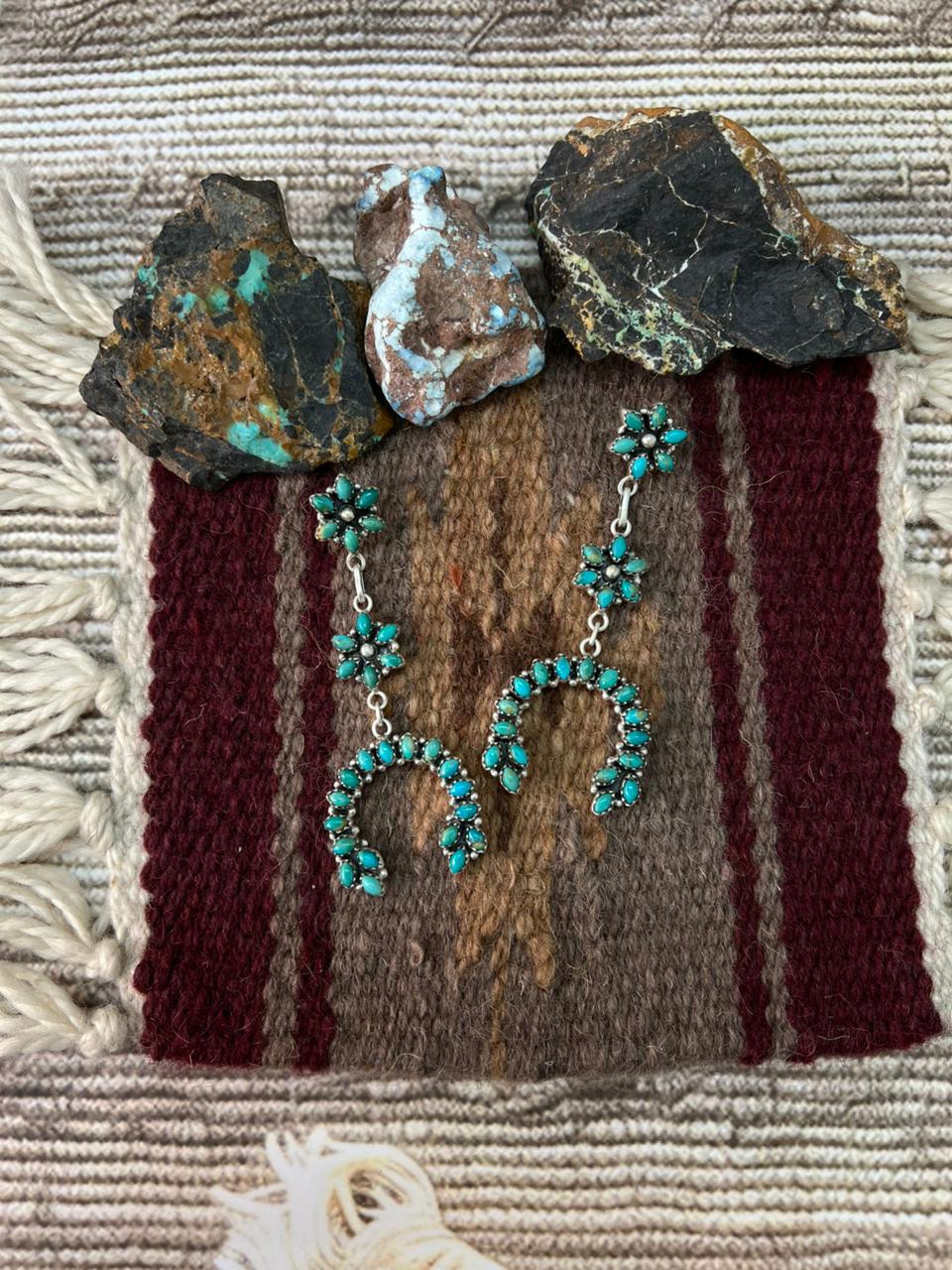 Handmade Sterling Silver Kingman Turquoise Post Dangle Earrings "Signed Nizhoni"