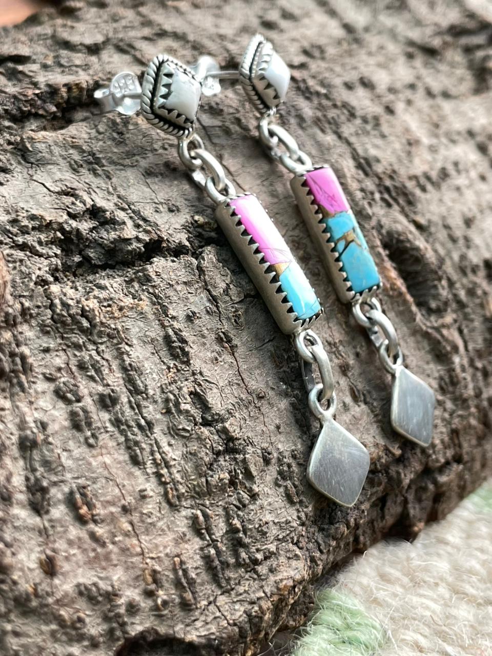 Handmade Sterling Silver Cotton Candy with White Buffalo Post Dangle Earrings "Signed Nizhoni"