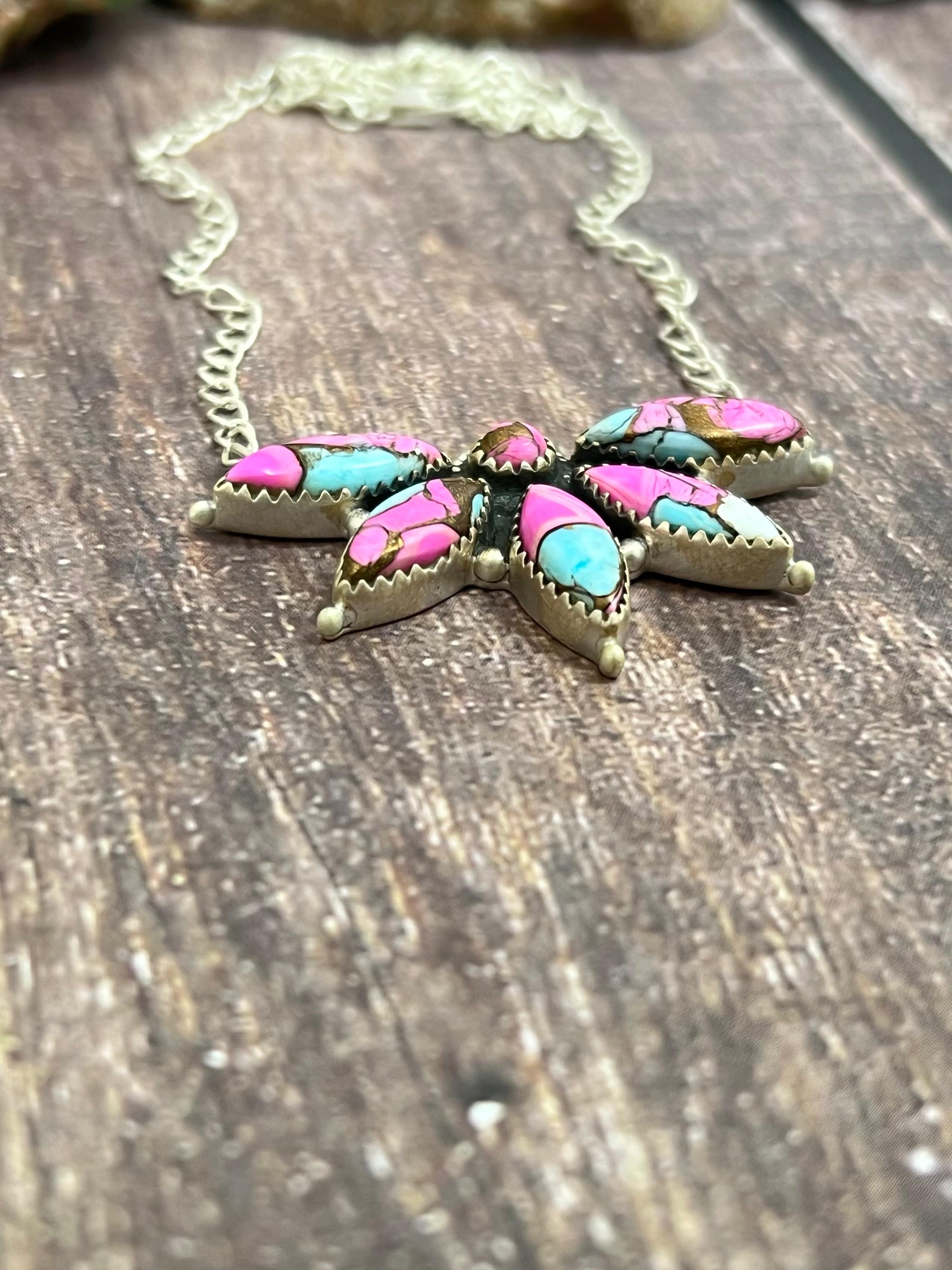 Handmade Sterling Silver Cotton Candy Turquoise Necklace with Signed Nizhoni